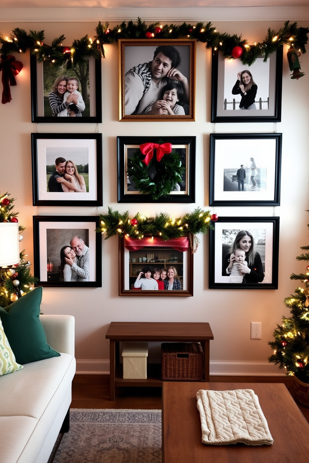 A cozy small living room adorned for the holidays features a gallery wall filled with festive artwork and family photos. Each frame is decorated with holiday-themed accents such as garlands, ornaments, and twinkling lights to create a warm and inviting atmosphere.