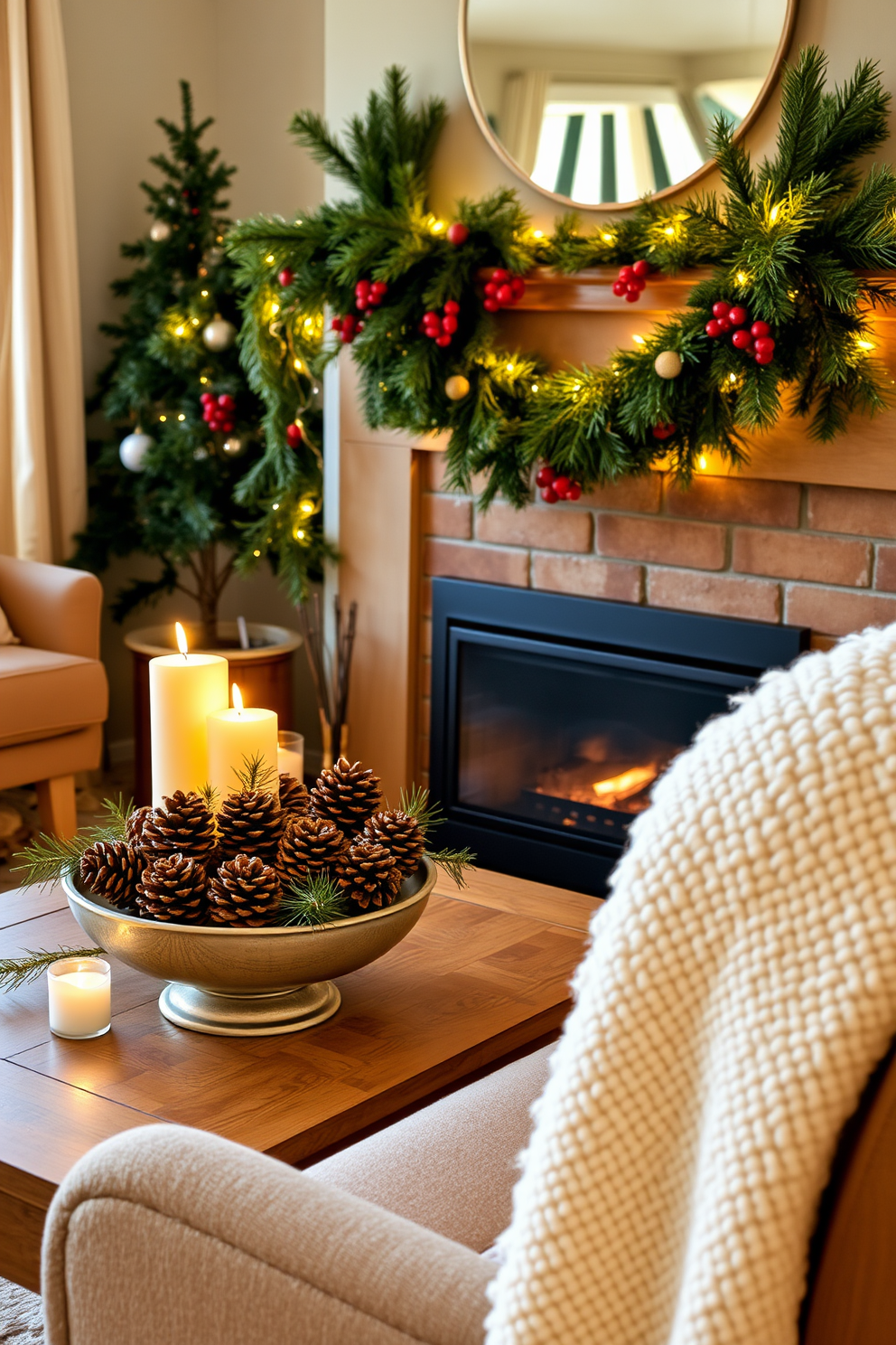 A cozy small living room decorated for Christmas features a warm color palette with soft lighting. Pinecones are artfully arranged in a decorative bowl on the coffee table, surrounded by flickering candles and sprigs of evergreen. The fireplace is adorned with a garland made of pine branches, accented with red berries and twinkling fairy lights. A plush throw blanket drapes over the arm of a comfortable chair, inviting relaxation and holiday cheer.