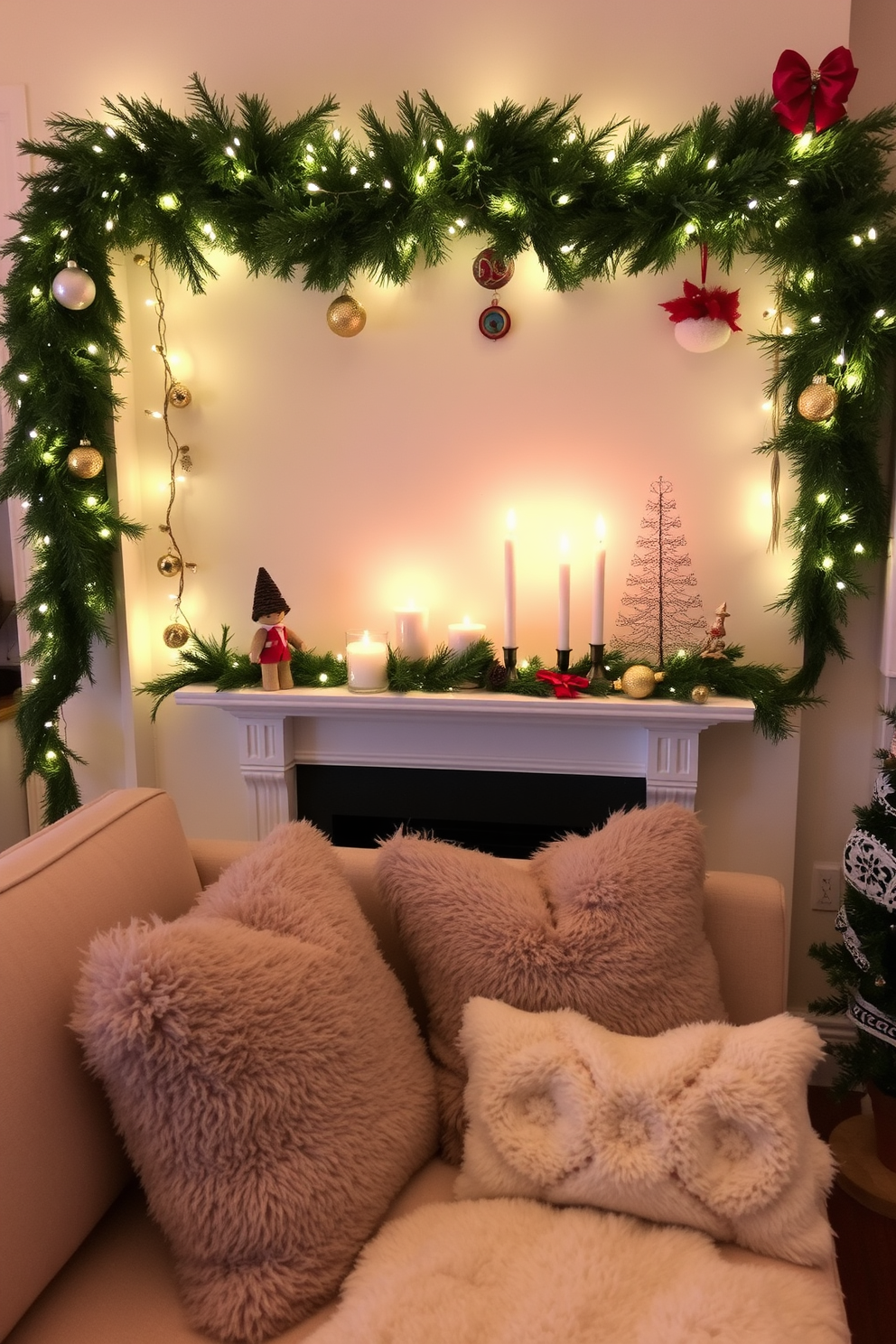 A cozy small living room adorned for Christmas. A small mantel is decorated with evergreen garlands, twinkling fairy lights, and a collection of festive ornaments. On the mantel, a few candles of varying heights create a warm glow. Plush throw pillows and a soft blanket on the sofa add a touch of comfort to the holiday atmosphere.