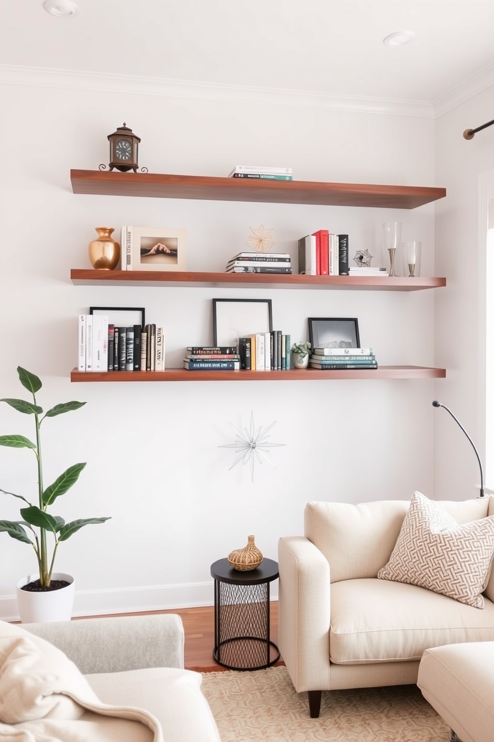 A cozy small living room features a light gray sectional sofa adorned with colorful throw pillows. A round glass coffee table sits in the center, reflecting the soft glow from a stylish floor lamp in the corner. On the opposite wall, a large mirror is mounted to enhance the sense of openness and light. The walls are painted in a soft beige, complemented by a vibrant area rug that adds warmth to the space.