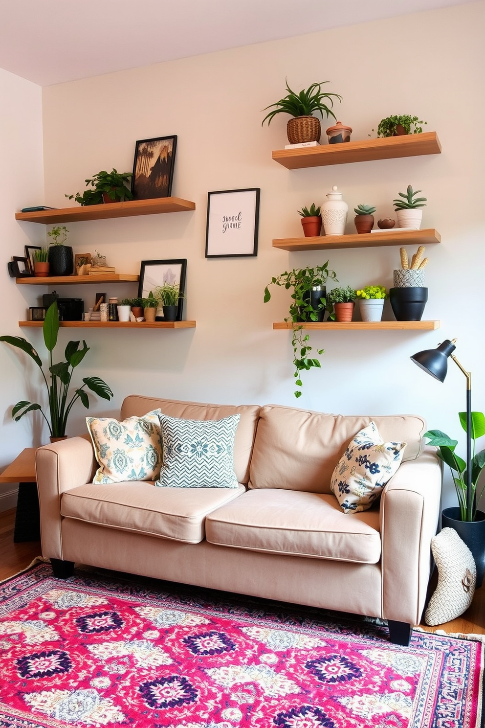 A cozy small living room featuring a wall-mounted TV setup. The space includes a comfortable sectional sofa in a soft gray fabric, paired with a sleek coffee table and a plush area rug. On one side of the room, a stylish media console holds the TV, with decorative shelves above for books and plants. The walls are painted in a light beige tone, creating an inviting atmosphere with warm lighting fixtures.