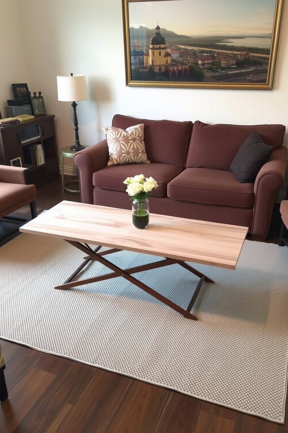 A cozy small living room features a soft neutral color palette with a plush area rug anchoring the space. In the center, a stylish coffee table is surrounded by a pair of elegant ottomans that provide both extra seating and hidden storage. The walls are adorned with framed artwork that adds personality to the room. A comfortable sofa is complemented by colorful throw pillows, creating an inviting atmosphere for relaxation and socializing.