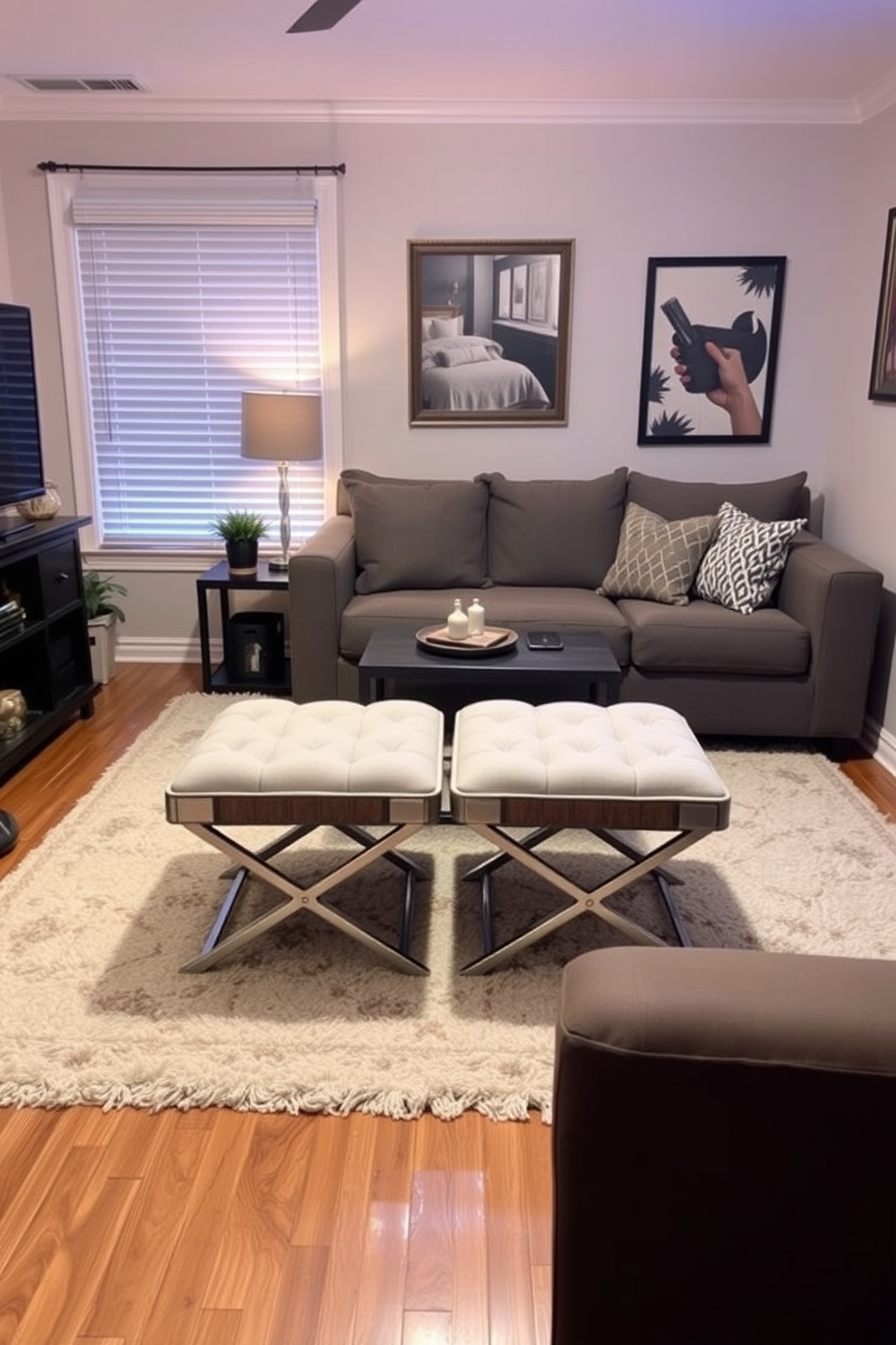 A cozy small living room featuring a pair of stylish ottomans positioned near a plush sofa. The space is adorned with warm lighting and a soft area rug, creating an inviting atmosphere for relaxation and conversation.