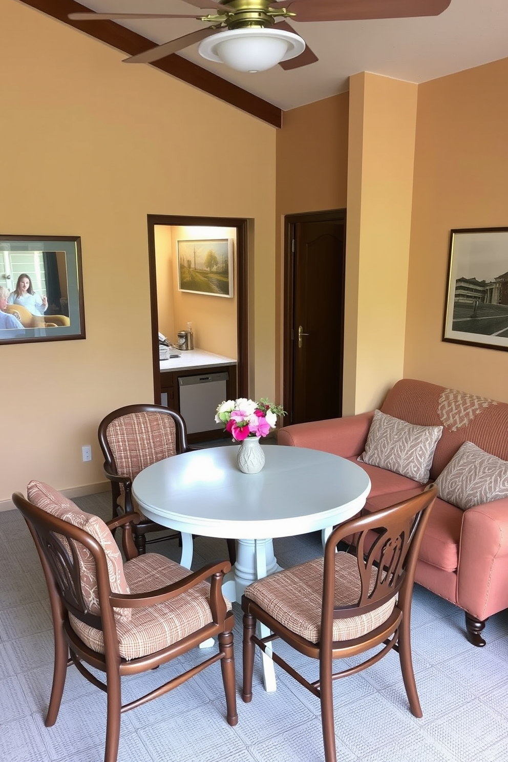 A cozy small living room featuring light, airy curtains that elegantly frame a large window, drawing the eye upward and creating an illusion of height. The space is adorned with a plush sofa in soft pastel tones, complemented by a round coffee table with a decorative centerpiece, enhancing the inviting atmosphere.