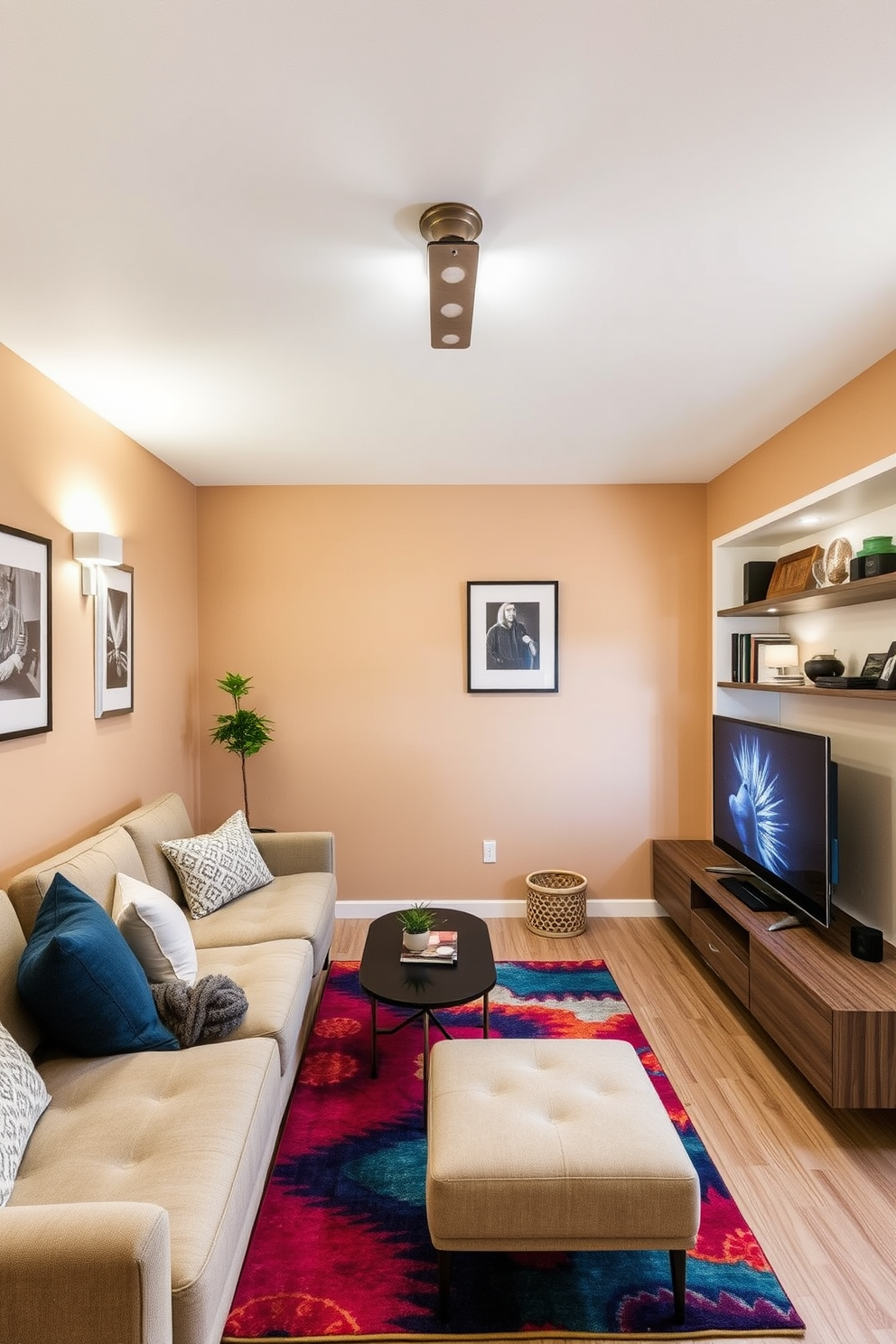 A cozy small living room featuring a wall-mounted lighting fixture that illuminates the space without taking up valuable floor area. The room includes a plush sofa in a neutral tone, a small coffee table, and a vibrant area rug that adds a pop of color to the design. Incorporate built-in shelves on either side of a sleek entertainment unit, showcasing decorative items and books. The walls are painted in a soft, warm hue, creating an inviting atmosphere that feels open and airy.