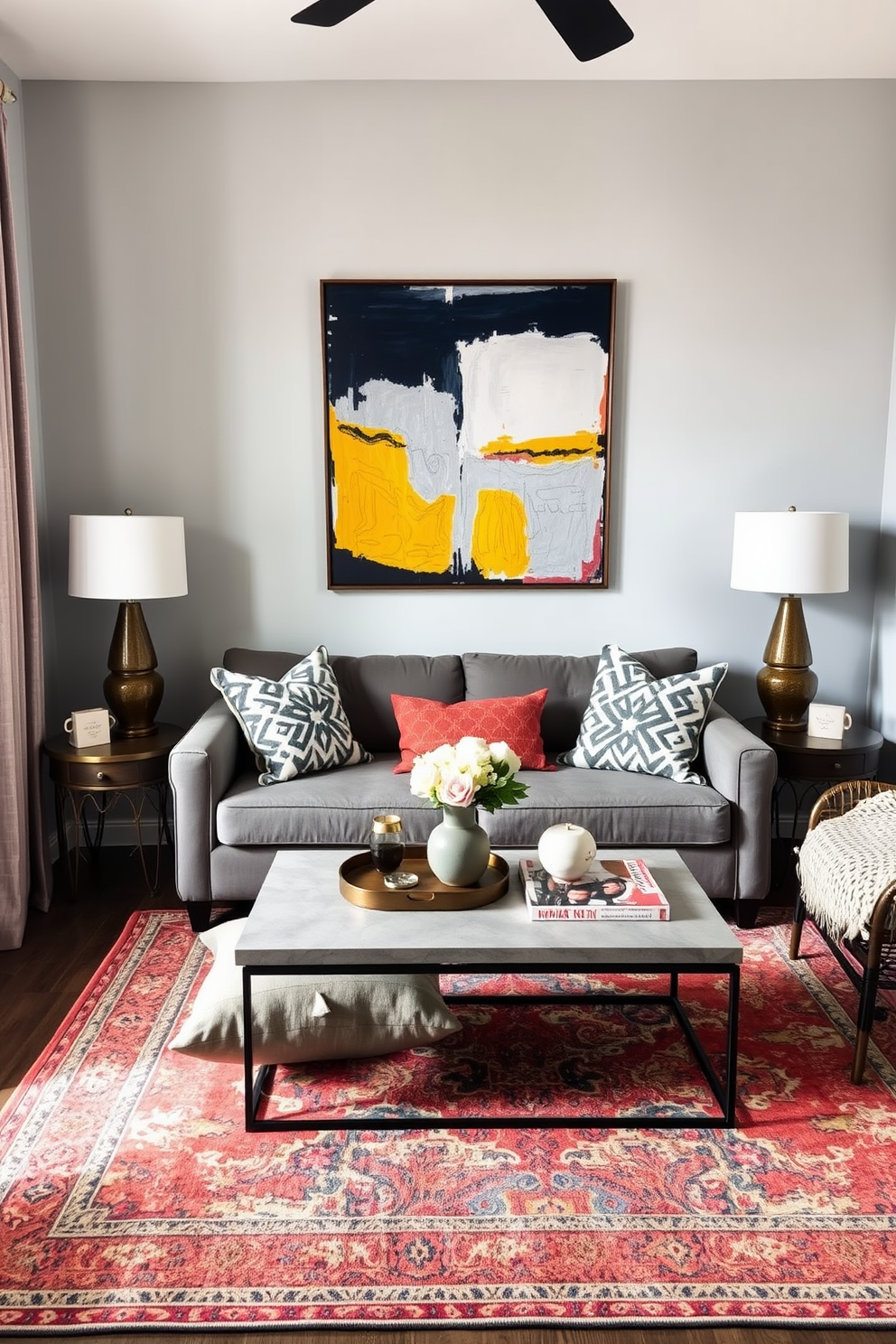 A stylish small living room featuring a slim console table against the wall. The table is adorned with a minimalist lamp and a few decorative books, creating an inviting atmosphere. The walls are painted in a soft beige hue, enhancing the room's brightness. A cozy armchair in a muted tone is positioned nearby, complemented by a textured area rug underfoot.