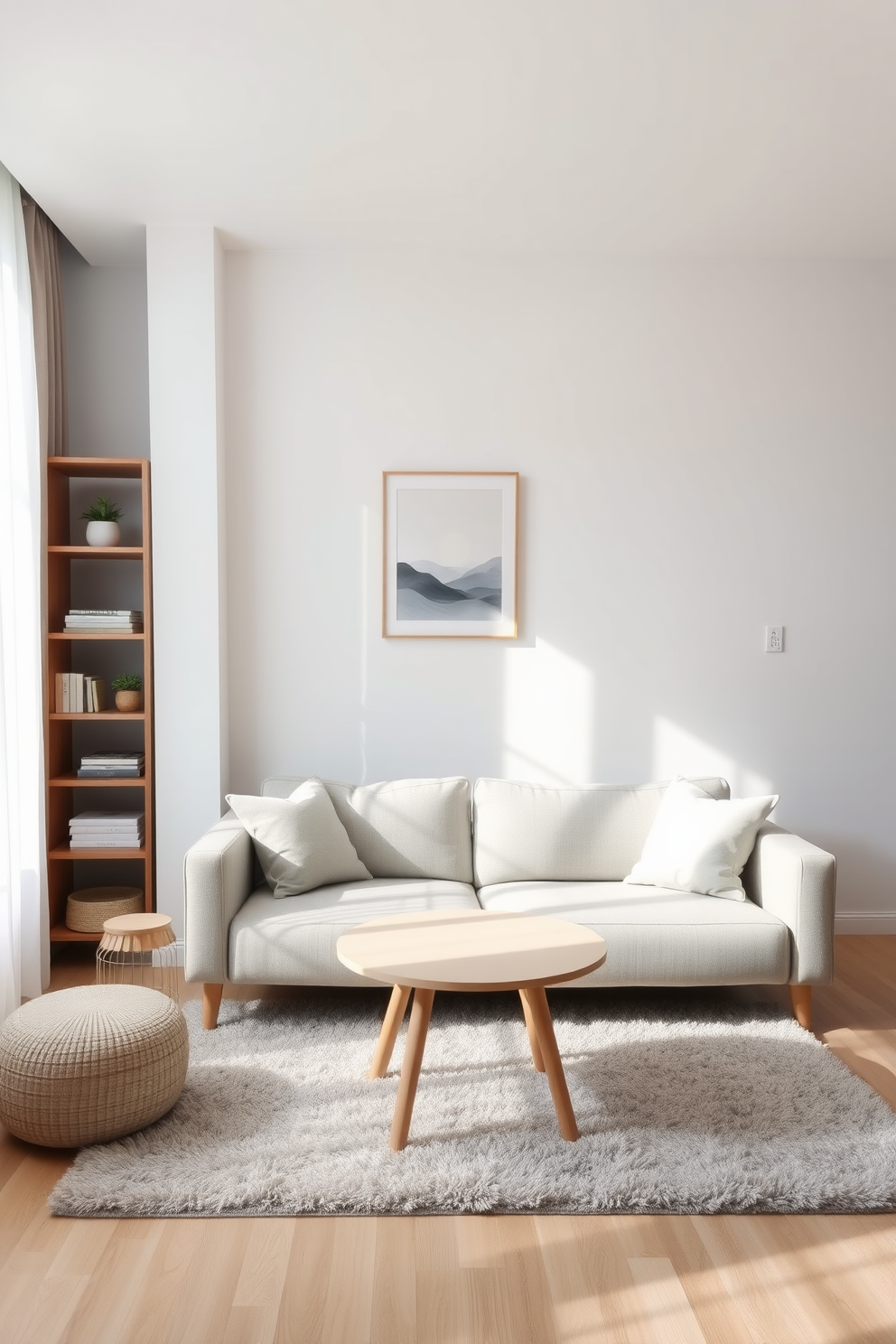 A cozy small living room featuring a light gray sofa with a simple coffee table in front. The walls are painted in a soft white hue, and a single piece of abstract art hangs above the sofa. A plush area rug in a neutral tone anchors the space, while a tall bookshelf with minimal decor occupies one corner. A small potted plant adds a touch of greenery, and natural light floods in through sheer curtains.