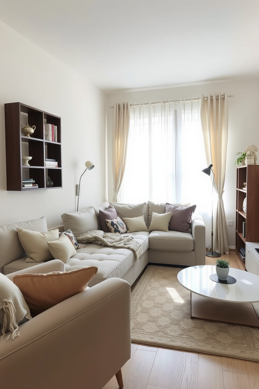 A cozy small living room featuring a foldable dining table that can be tucked away when not in use. The space is adorned with a plush sofa in a soft gray fabric, complemented by a vibrant area rug that adds warmth to the room. Natural light floods in through a large window, framed with sheer curtains that create an airy feel. A small bookshelf stands against one wall, filled with books and decorative items, enhancing the room's character while maximizing space.