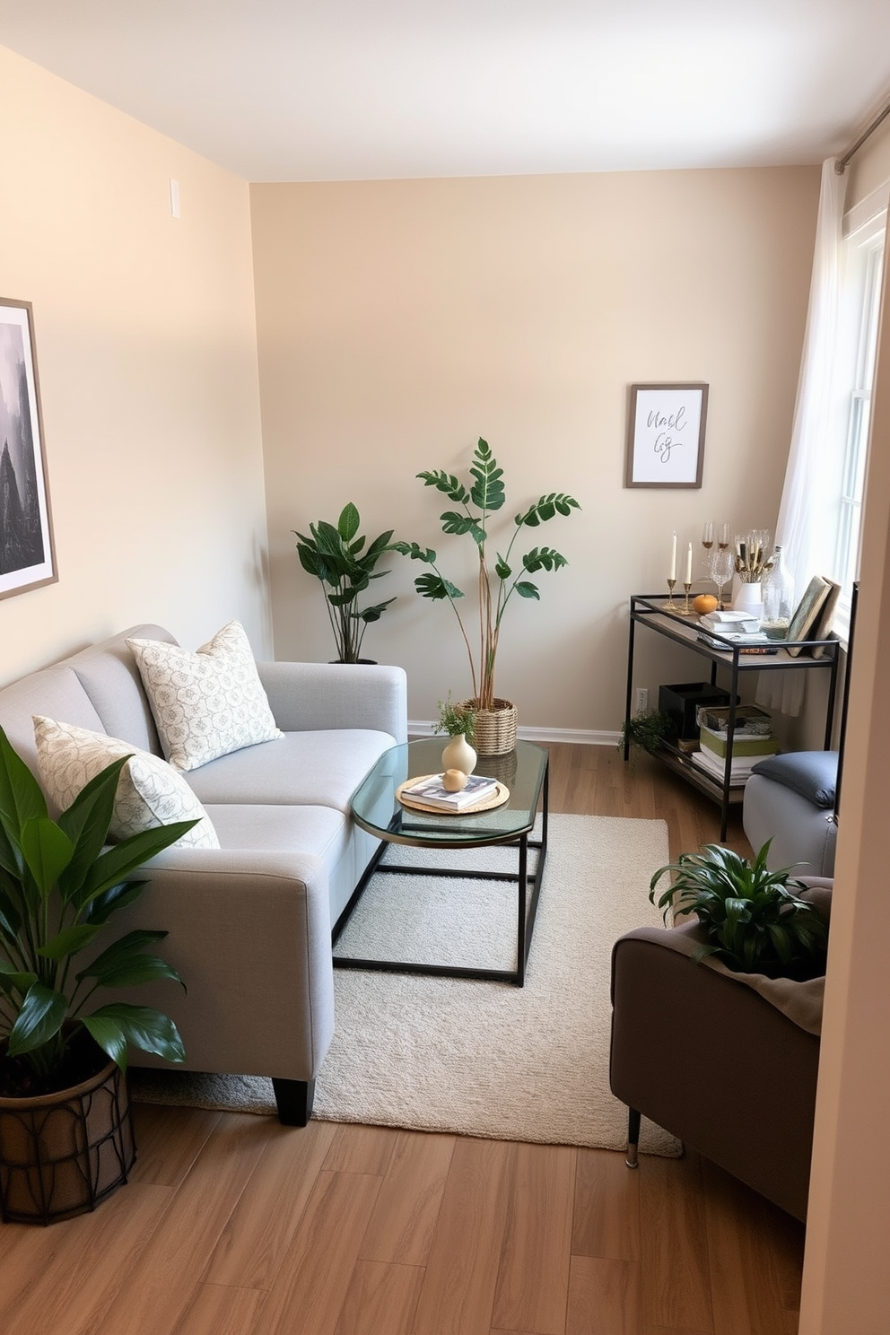 A cozy small living room featuring a gallery wall filled with an eclectic mix of framed art and photographs. The furniture includes a plush sofa in a soft neutral color, complemented by a stylish coffee table and a vibrant area rug that adds warmth to the space.