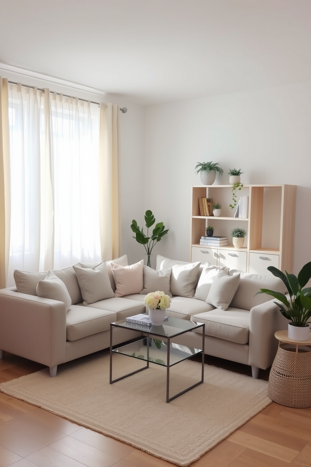 A cozy small living room featuring soft white walls and light beige furniture creates an inviting atmosphere. A plush light gray sofa is paired with a glass coffee table and pastel-colored throw pillows for added comfort. A minimalist bookshelf in a light wood finish displays decorative items and plants, enhancing the airy feel. Natural light floods the space through sheer curtains, illuminating a soft area rug that ties the room together.