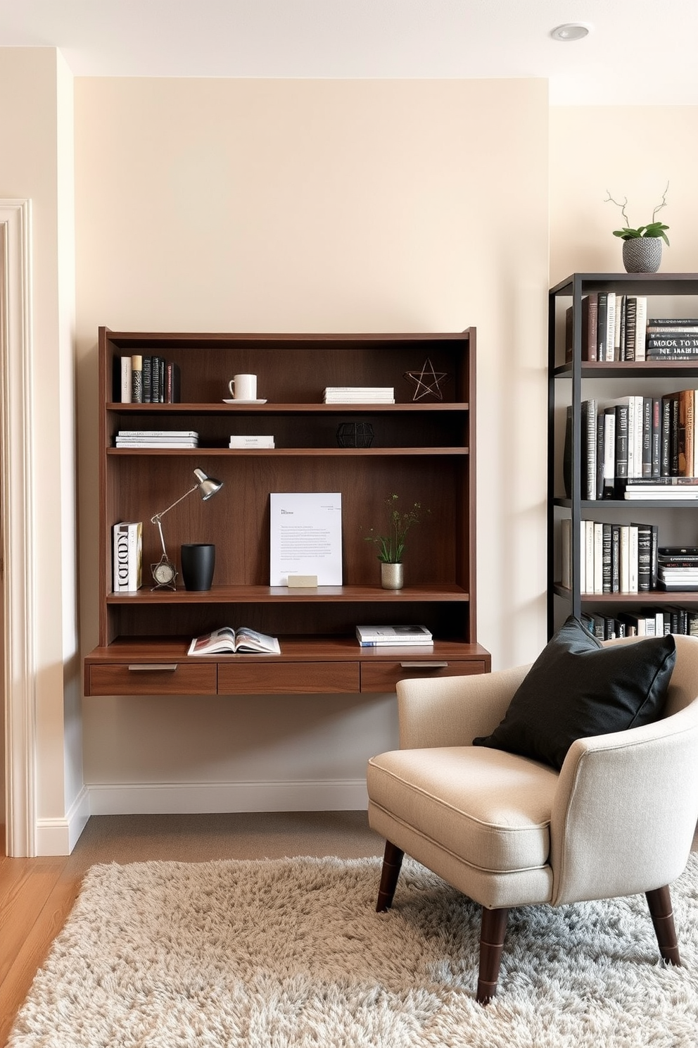 A cozy small living room featuring a wall-mounted desk that seamlessly integrates into the space. The desk is adorned with stylish stationery and a small potted plant, while a comfortable armchair sits nearby, creating an inviting reading nook. The walls are painted in a soft beige tone, complementing a plush area rug in muted tones. A sleek bookshelf filled with books and decorative items adds personality to the room, enhancing the overall aesthetic.