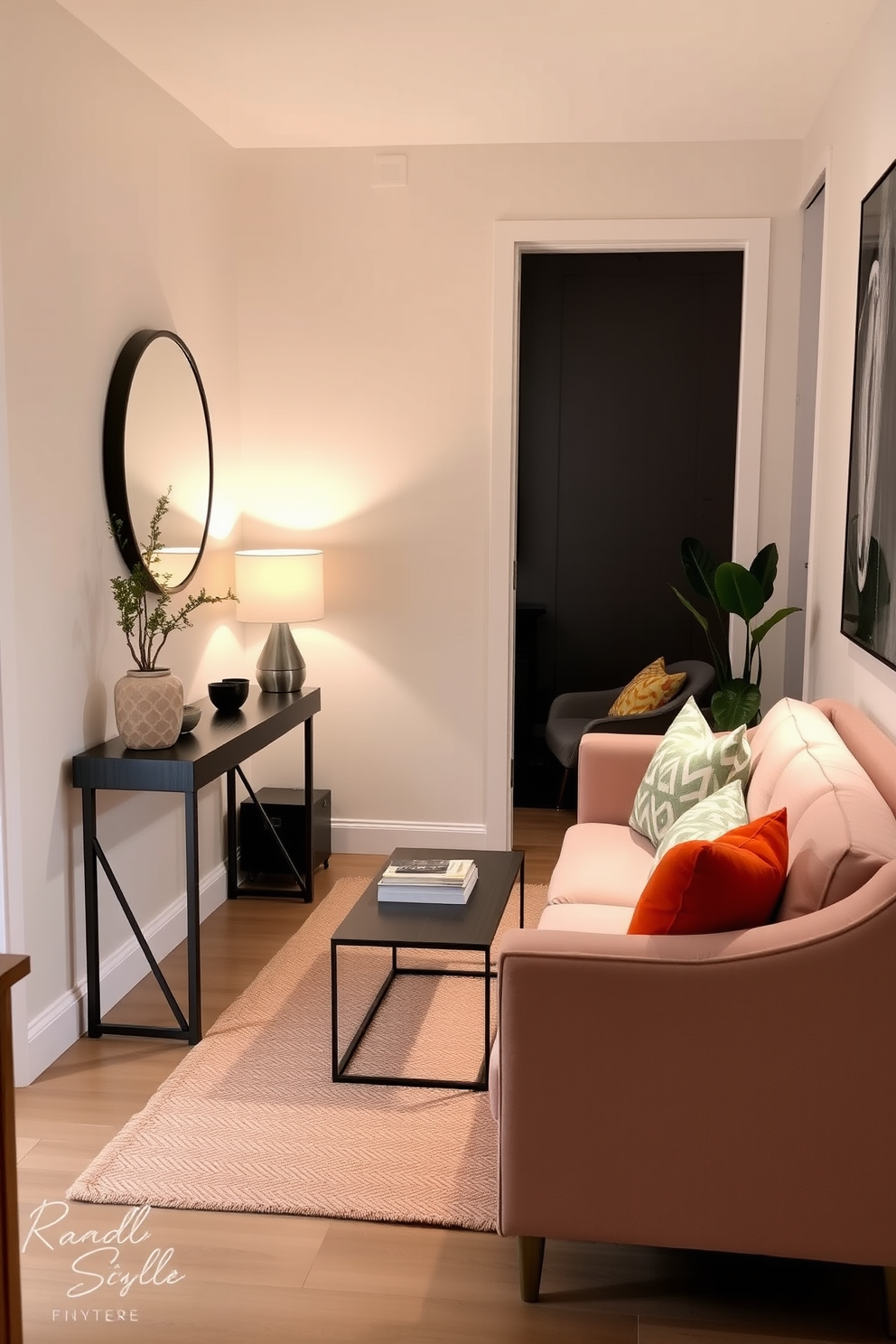 A narrow console table stands against the wall in the entryway, styled with a decorative lamp and a small potted plant. The table is complemented by a round mirror above it, reflecting the soft light and creating an inviting atmosphere. In the small living room, a cozy seating arrangement features a plush sofa and a stylish armchair, both adorned with colorful throw pillows. A sleek coffee table sits in the center, surrounded by a warm area rug that adds texture and warmth to the space.