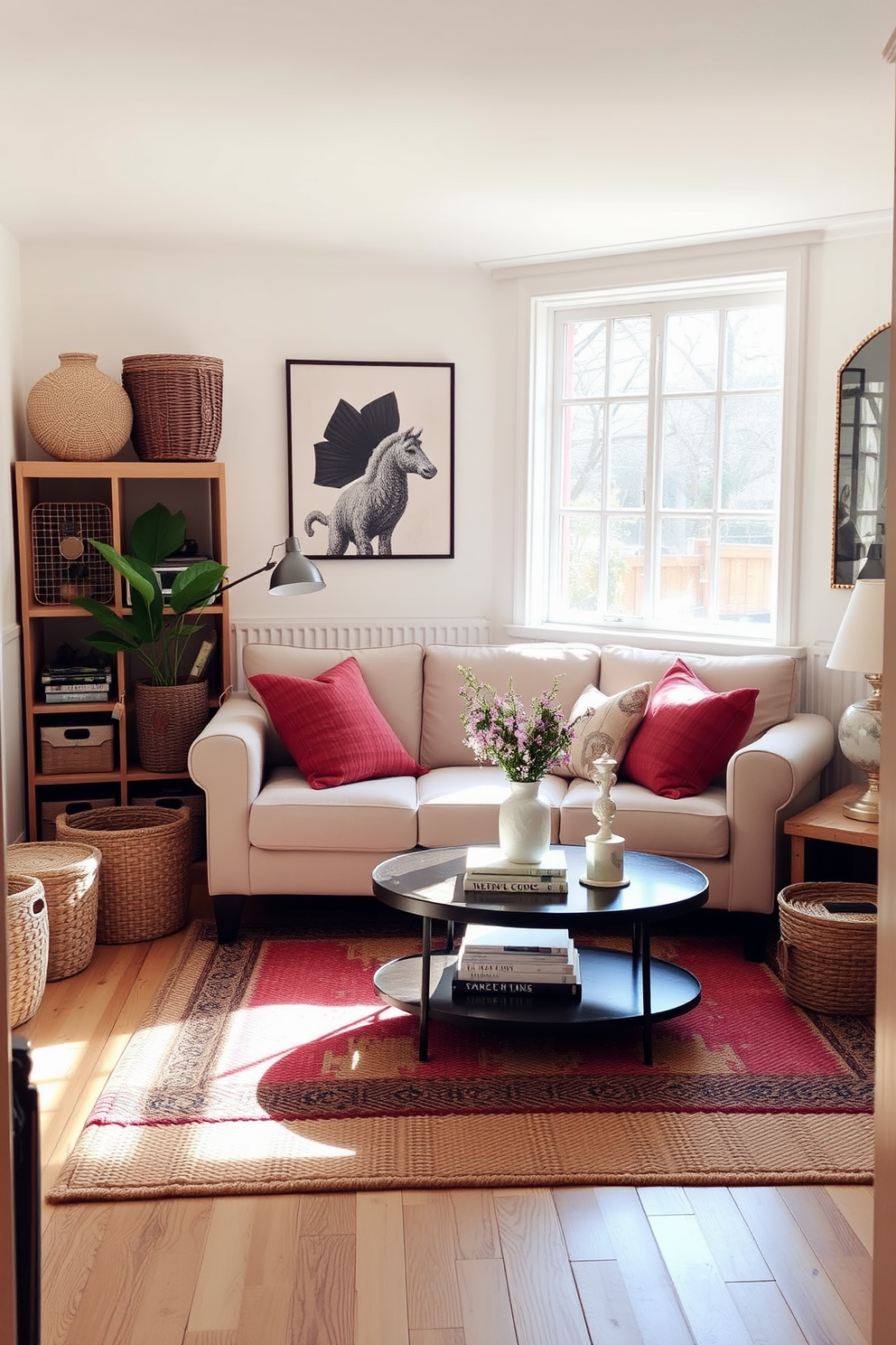 A cozy small living room filled with natural light. There are decorative baskets placed around the room for hidden storage, adding both functionality and style. The seating area features a plush sofa in a soft neutral tone complemented by colorful throw pillows. A stylish coffee table sits in the center, surrounded by a few carefully curated decorative items and books.