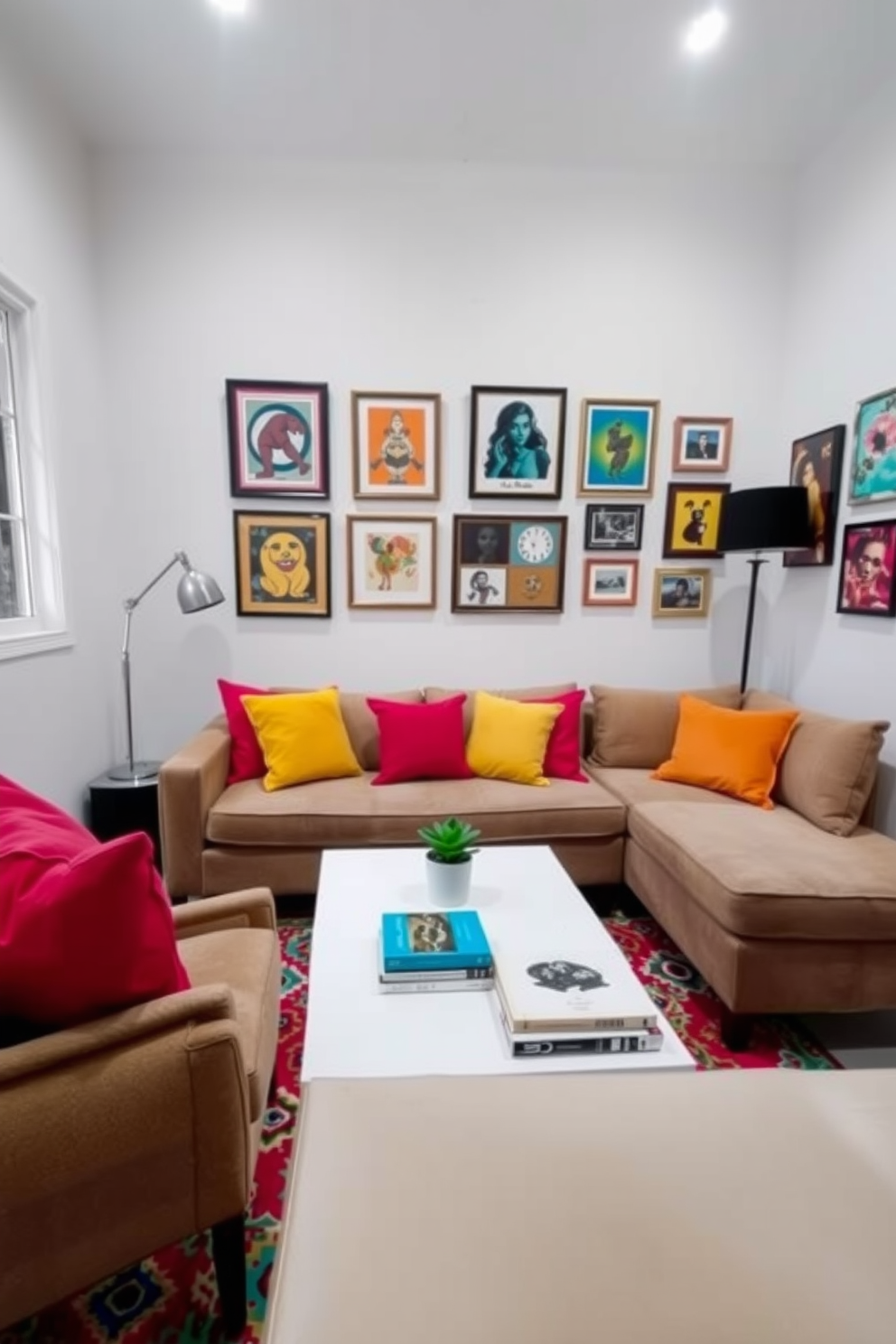 A cozy small living room features decorative baskets strategically placed for organized storage. The space is adorned with a plush sofa, a coffee table with a unique design, and a soft area rug that adds warmth.