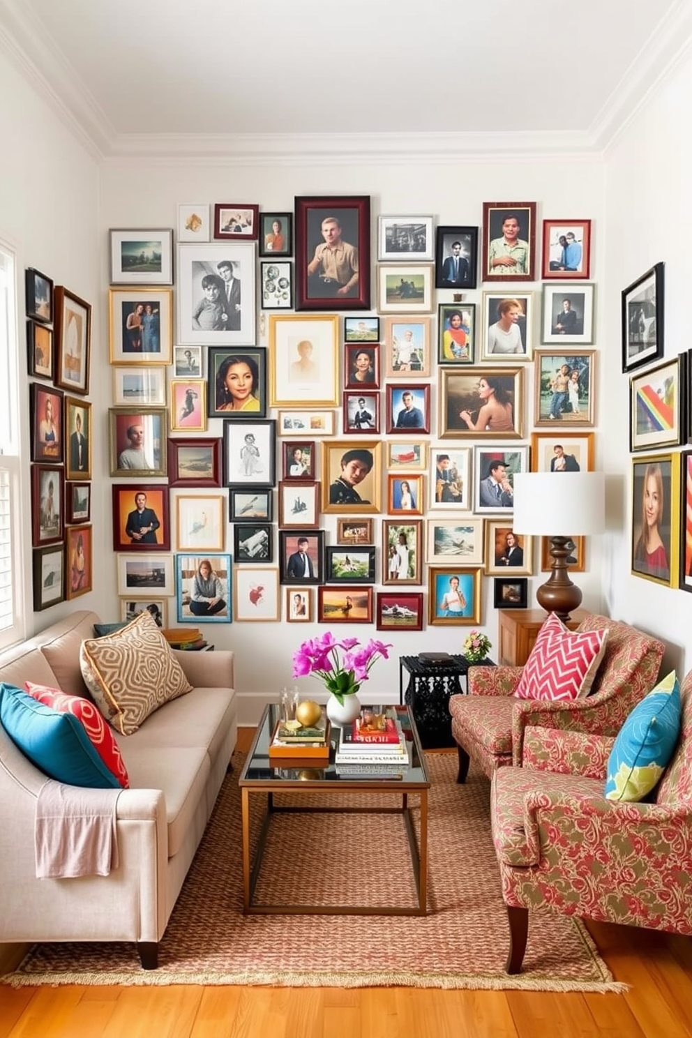 A cozy small living room features a gallery wall filled with an eclectic mix of framed artwork and photographs, creating a vibrant focal point. The seating arrangement includes a plush sofa paired with colorful accent chairs, complemented by a stylish coffee table at the center.