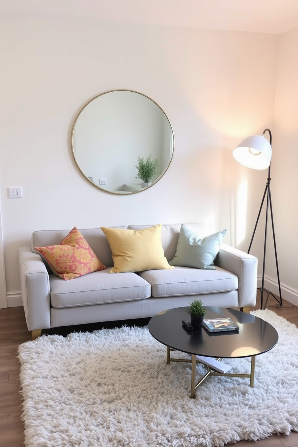 A cozy small living room featuring a light gray sofa adorned with colorful throw pillows. A large round mirror hangs above a sleek coffee table, reflecting natural light and making the space feel larger. The walls are painted in a soft pastel hue, enhancing the airy atmosphere. A stylish floor lamp stands in the corner, illuminating a plush area rug that anchors the seating area.