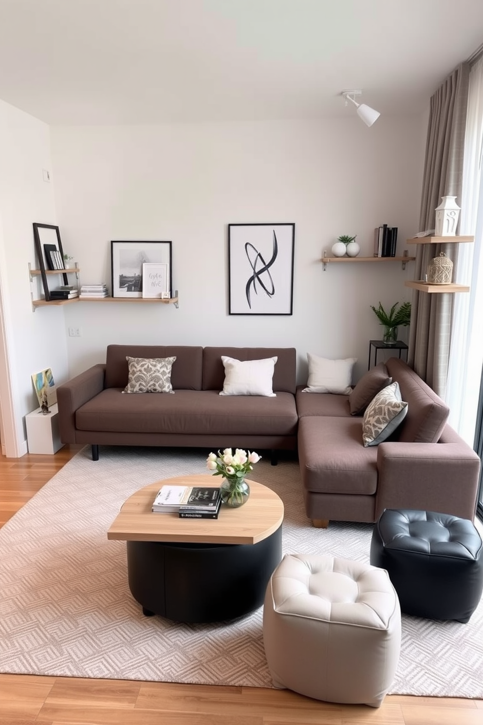 A cozy small living room features a stylish vertical storage unit that maximizes space while adding visual interest. The unit is filled with books, decorative boxes, and plants, creating a vibrant and inviting atmosphere. A plush sofa in a neutral tone is positioned to face a sleek coffee table, which is adorned with a few carefully chosen decor items. Soft lighting from a floor lamp enhances the warmth of the room, making it a perfect spot for relaxation and socializing.