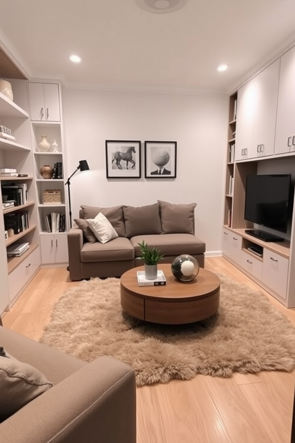 A cozy small living room featuring built-in storage solutions that blend seamlessly with the decor. The walls are painted in a soft neutral tone, and a stylish sectional sofa is positioned to maximize space. On one side, a custom-built bookshelf showcases decorative items and books, while on the opposite wall, a compact entertainment unit provides storage for media equipment. A round coffee table sits in the center, surrounded by plush area rugs that add warmth to the room.