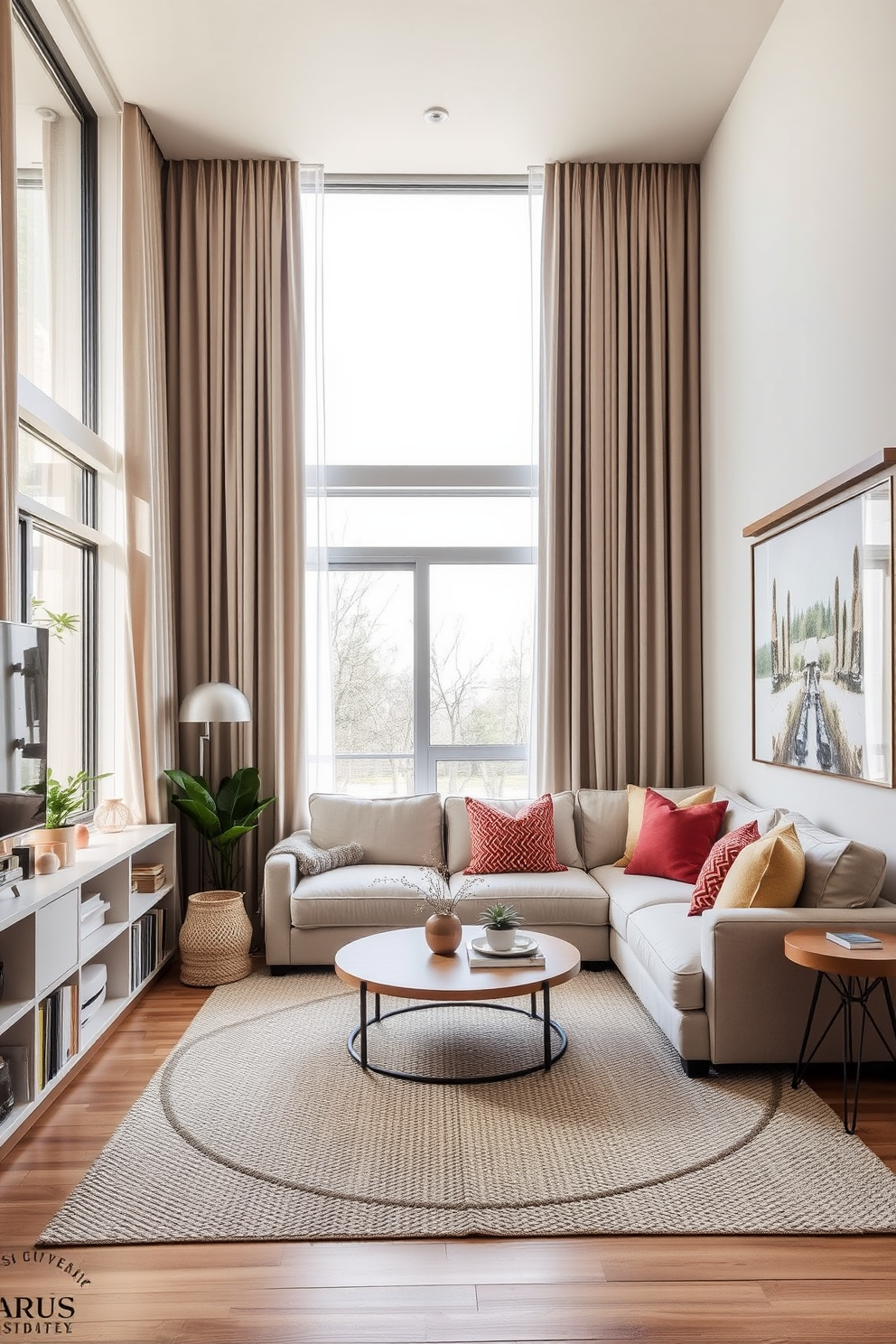 A cozy small living room features soft neutral tones with a plush sectional sofa adorned with colorful throw pillows. A round coffee table sits in the center, surrounded by a textured area rug that adds warmth to the space. Large windows are dressed with high-hanging curtains that create an illusion of taller walls, allowing natural light to flood the room. A minimalist bookshelf lines one wall, showcasing curated decor and plants for a touch of greenery.