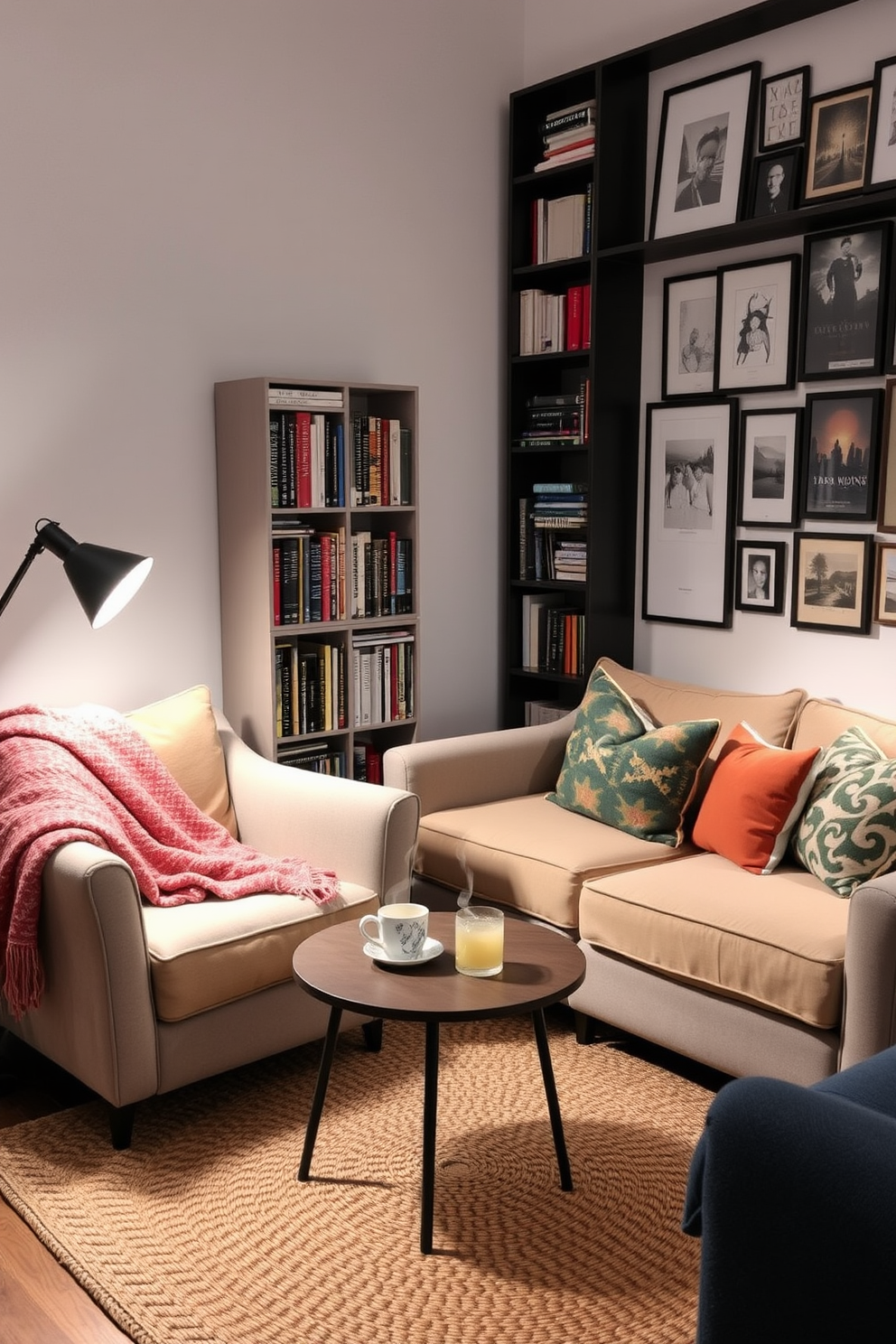 A cozy small living room designed for comfort and style. The space features a plush sectional sofa in a soft gray fabric, complemented by a round coffee table made of reclaimed wood. Against the wall, floating shelves are installed to display an array of decorative items such as books, plants, and art pieces. The walls are painted in a warm beige tone, enhancing the natural light that floods the room through a large window.