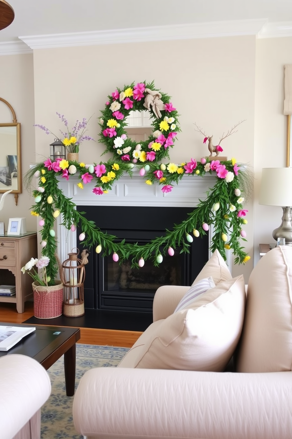 A cozy living room adorned for Easter with a spring garland draped elegantly over the mantel. The garland features vibrant flowers and pastel eggs, creating a cheerful and inviting atmosphere.