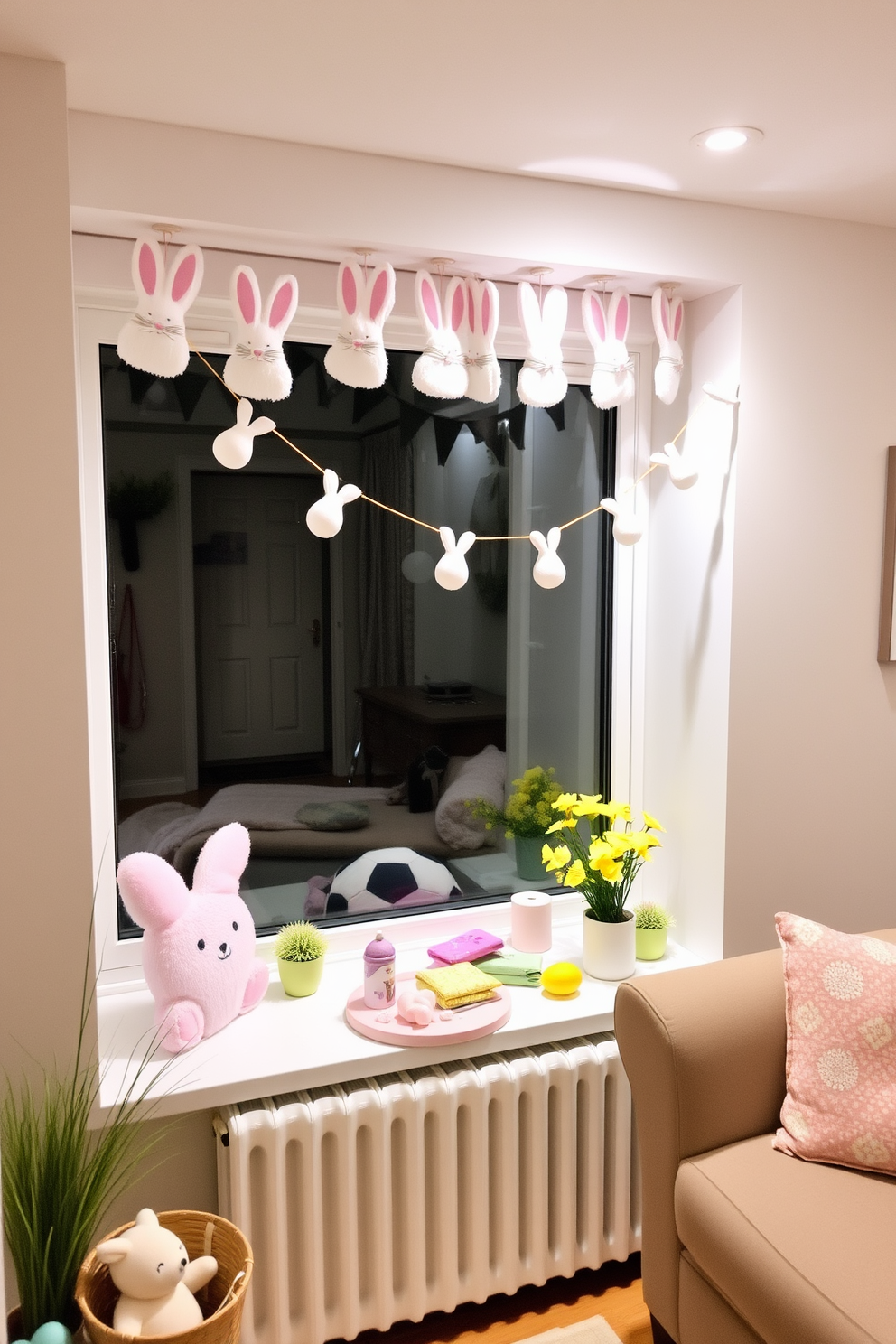 A cute bunny garland is draped across the window, adding a whimsical touch to the space. The small living room is adorned with pastel-colored decorations, creating a cheerful Easter atmosphere.