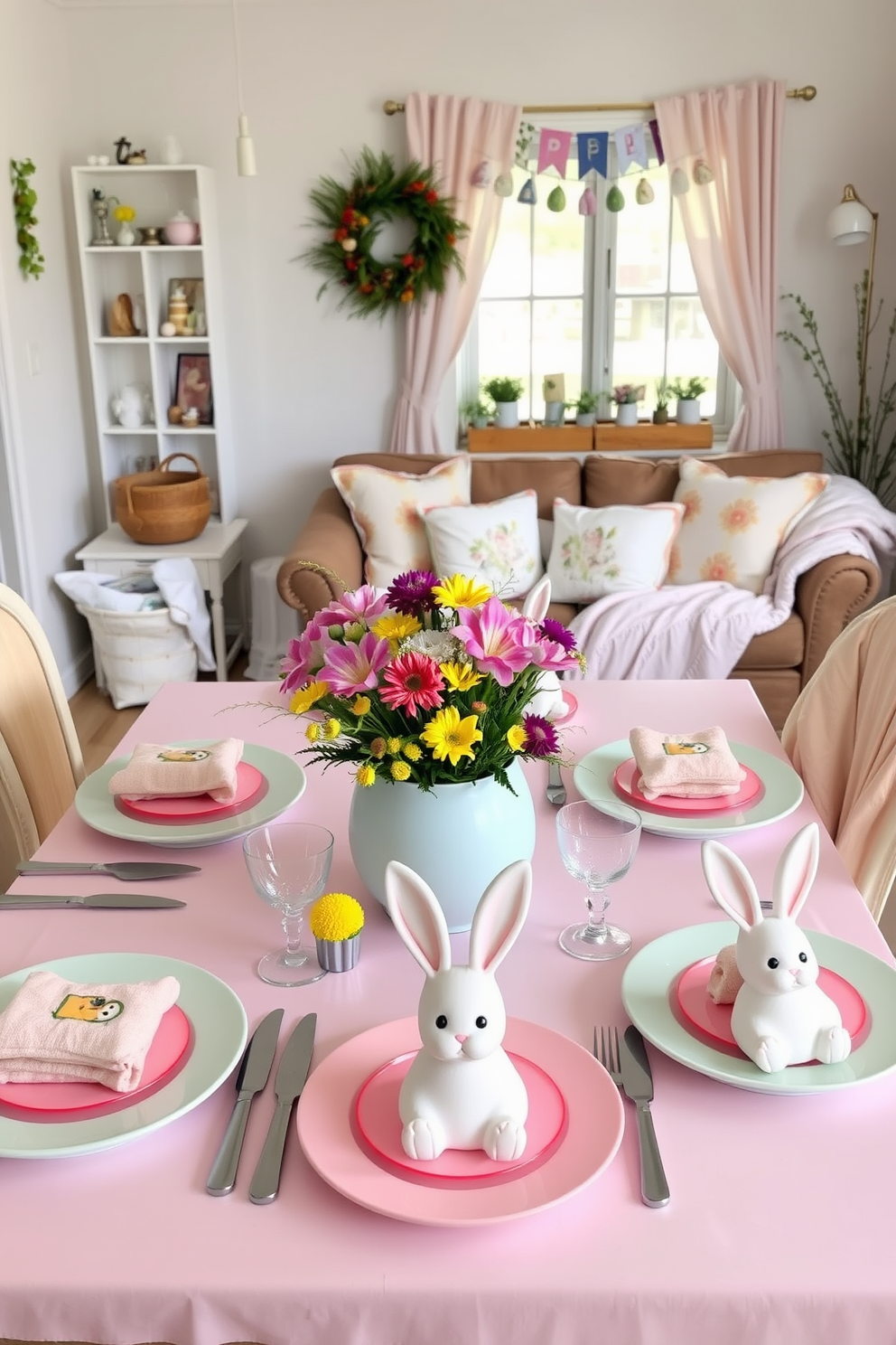 A lively table setting adorned with cheerful Easter motifs. The table is decorated with pastel-colored tableware, a vibrant floral centerpiece, and playful bunny-themed napkin rings. In the small living room, Easter decorations create a warm and inviting atmosphere. Soft throw pillows with spring patterns and a cozy blanket draped over the sofa complement the festive decor.