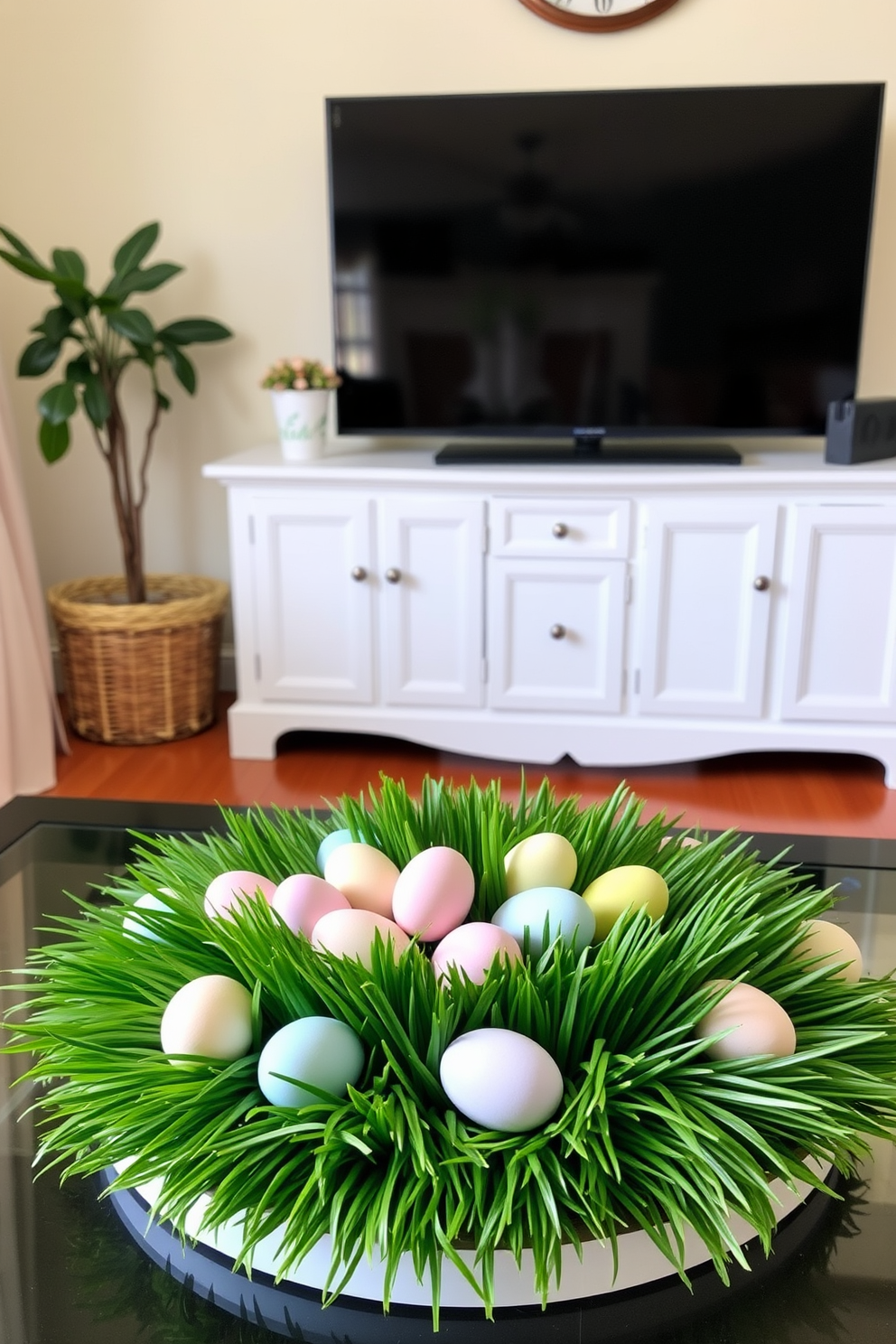 A cozy small living room decorated for Easter features a charming faux grass centerpiece on the coffee table. Surrounding the centerpiece are pastel-colored eggs nestled within the faux grass, adding a festive touch to the space.