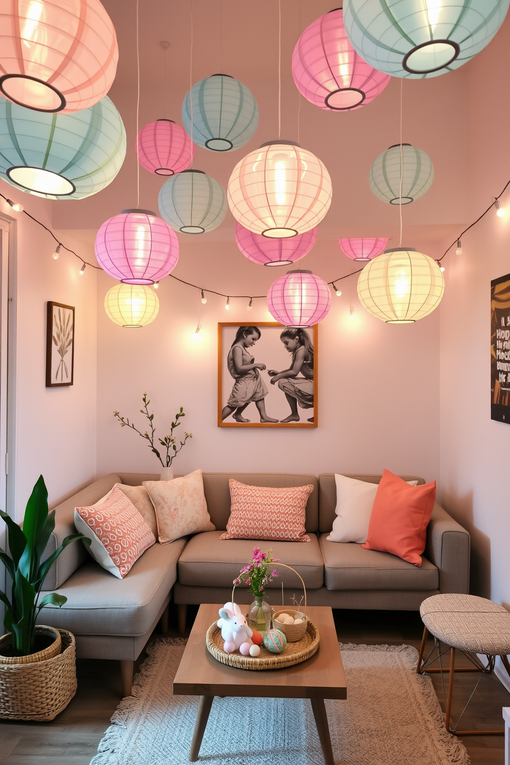 A cozy small living room adorned with hanging paper lanterns in pastel colors. The space features a comfortable sofa with colorful cushions, a coffee table with decorative Easter elements, and soft lighting that creates a warm atmosphere.