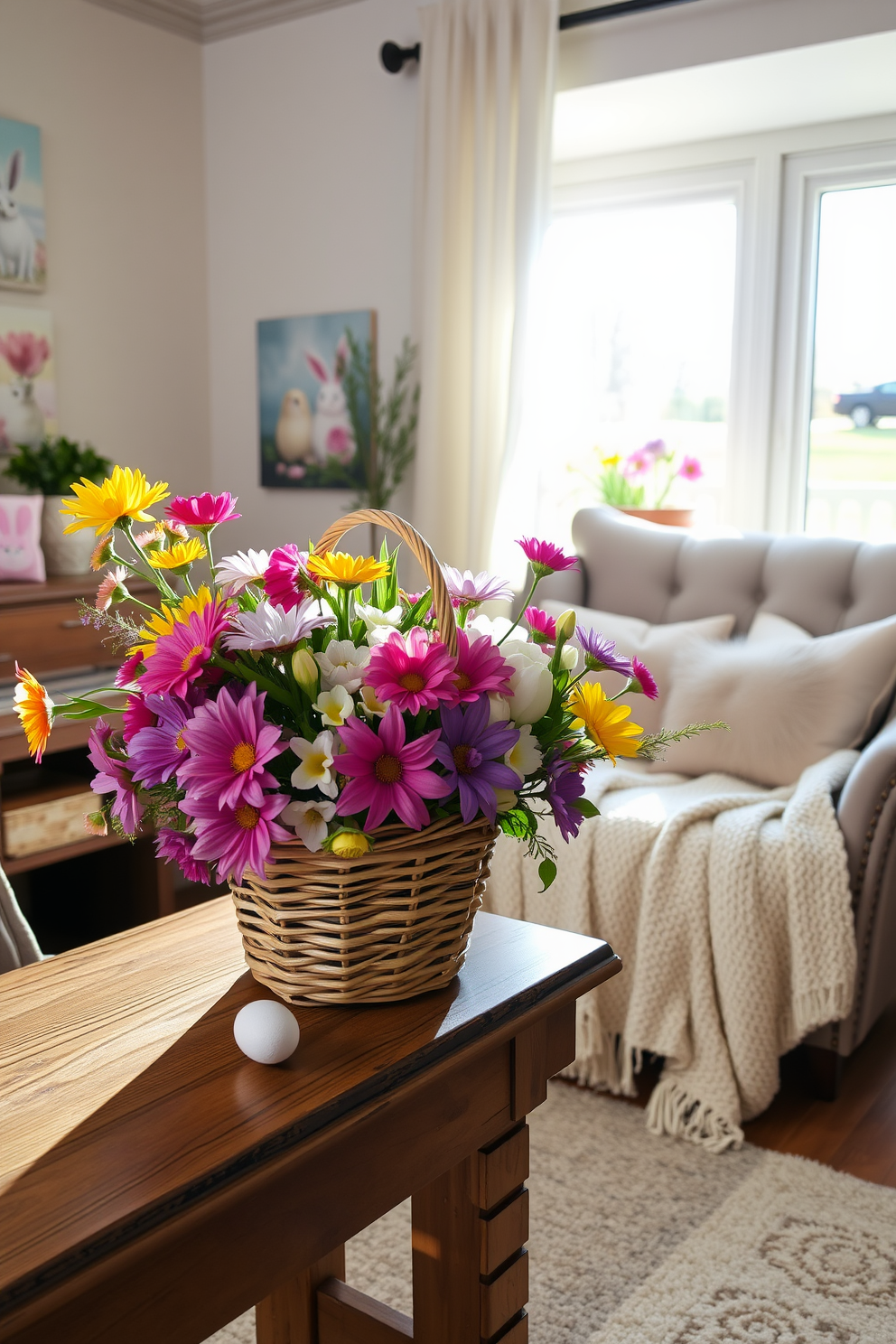 A charming Easter basket overflowing with vibrant fresh flowers sits on a rustic wooden table. The warm sunlight filters through the window, illuminating the colorful blooms and creating a cheerful atmosphere. In a cozy small living room, soft pastel decorations enhance the festive spirit. A plush throw blanket drapes over a stylish armchair, while decorative pillows with Easter motifs add a playful touch.