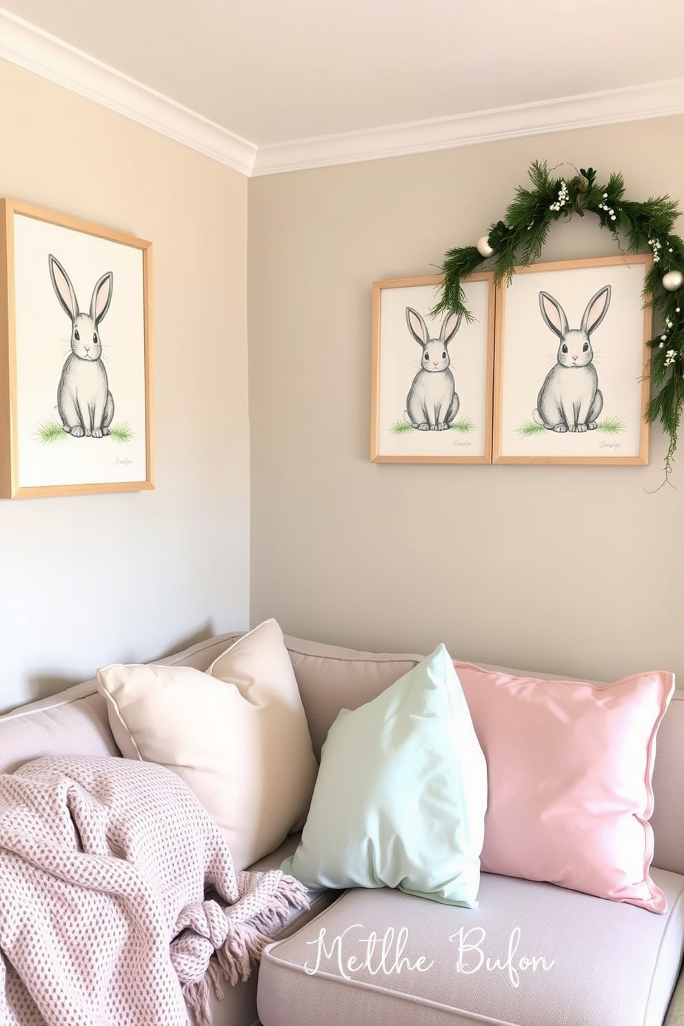 Charming bunny prints framed on the walls create a whimsical atmosphere. The small living room is adorned with pastel-colored cushions and a cozy throw blanket for a festive touch.