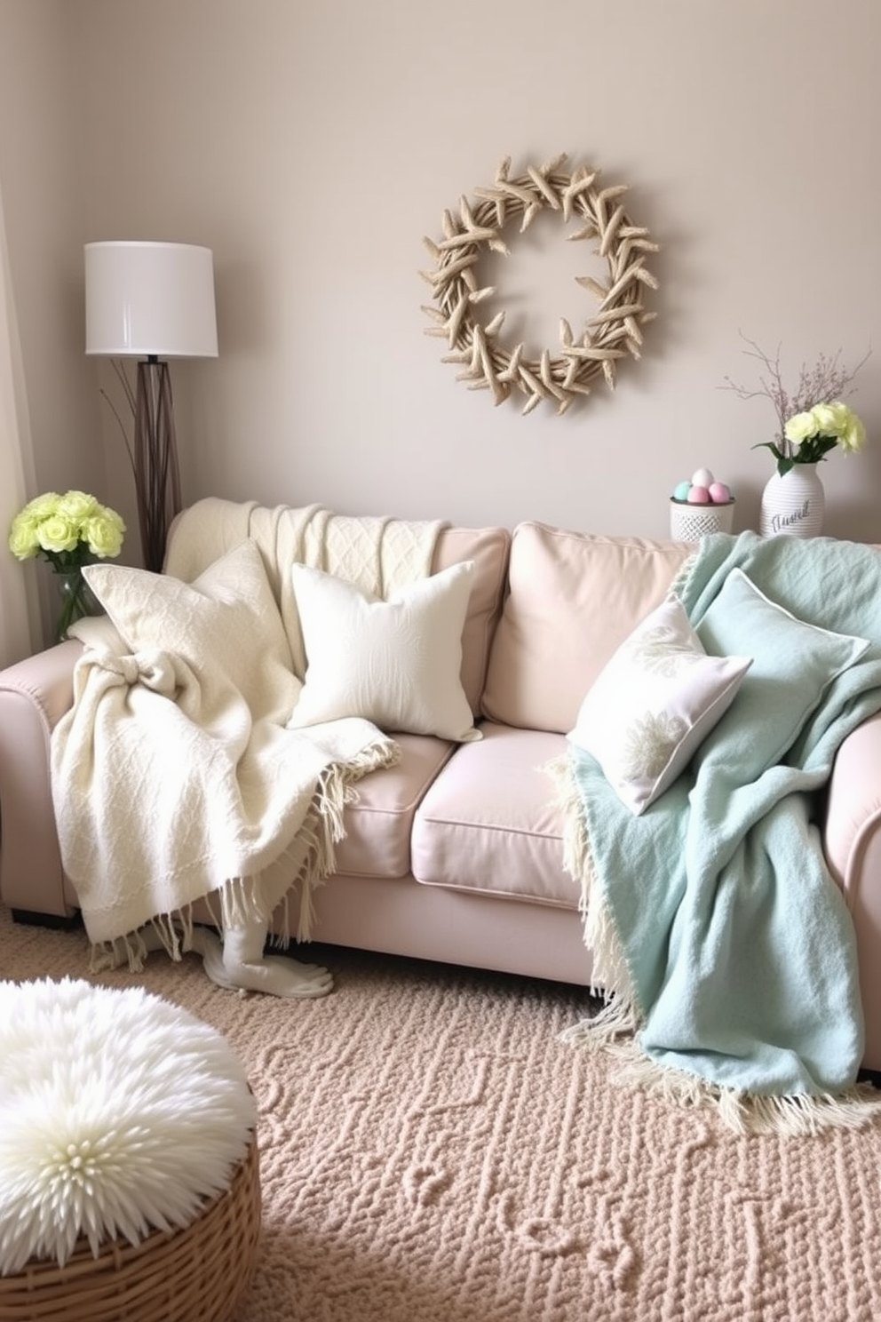 A cozy small living room adorned with seasonal throw blankets in light pastel colors draped over a plush sofa. The decor features subtle Easter accents such as decorative eggs and soft floral arrangements, creating a cheerful and inviting atmosphere.