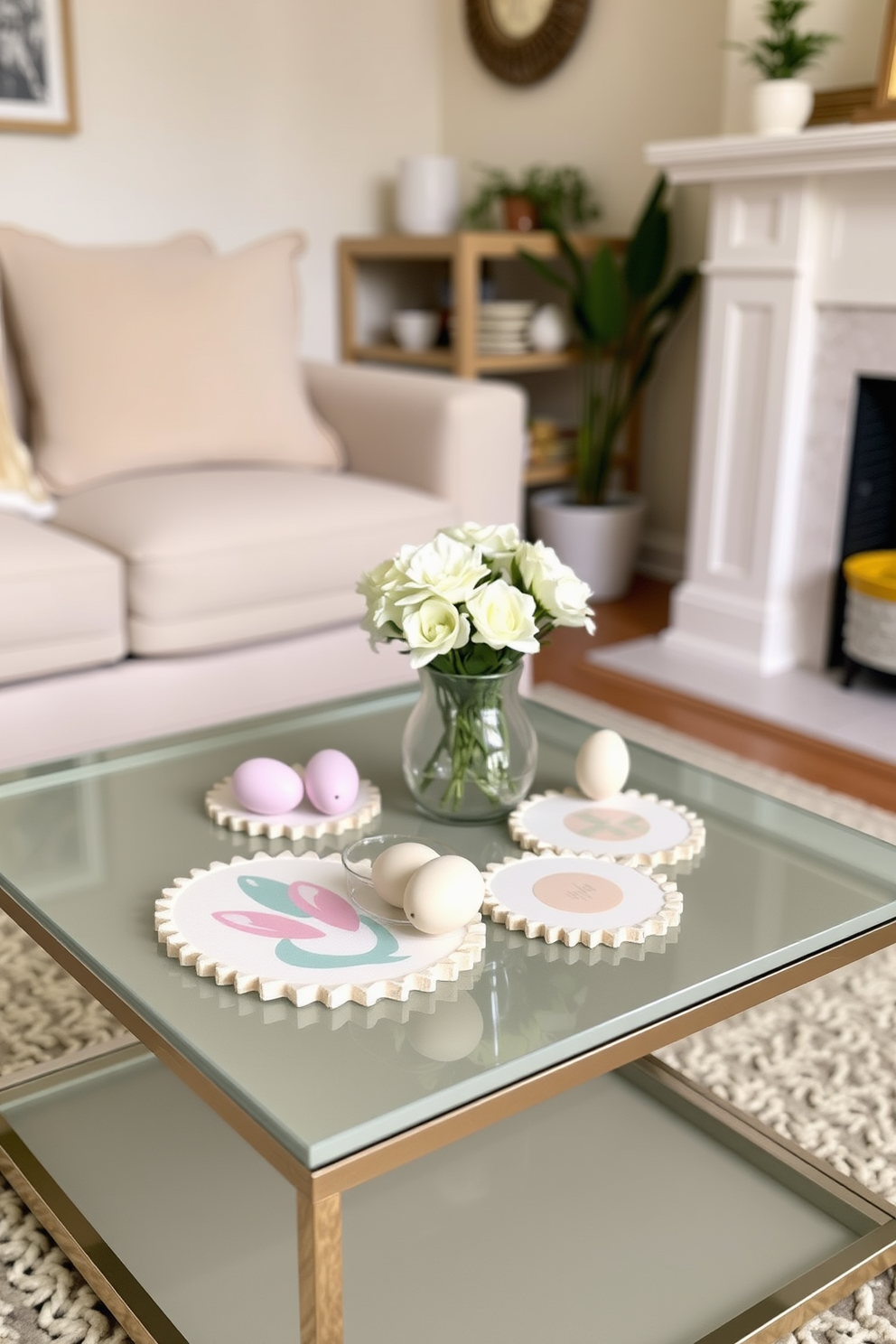 A cozy small living room decorated for Easter features hanging paper lanterns in soft pastel shades providing a warm and inviting glow. The space is adorned with cheerful Easter-themed decor, including floral arrangements and colorful cushions on a comfortable sofa.