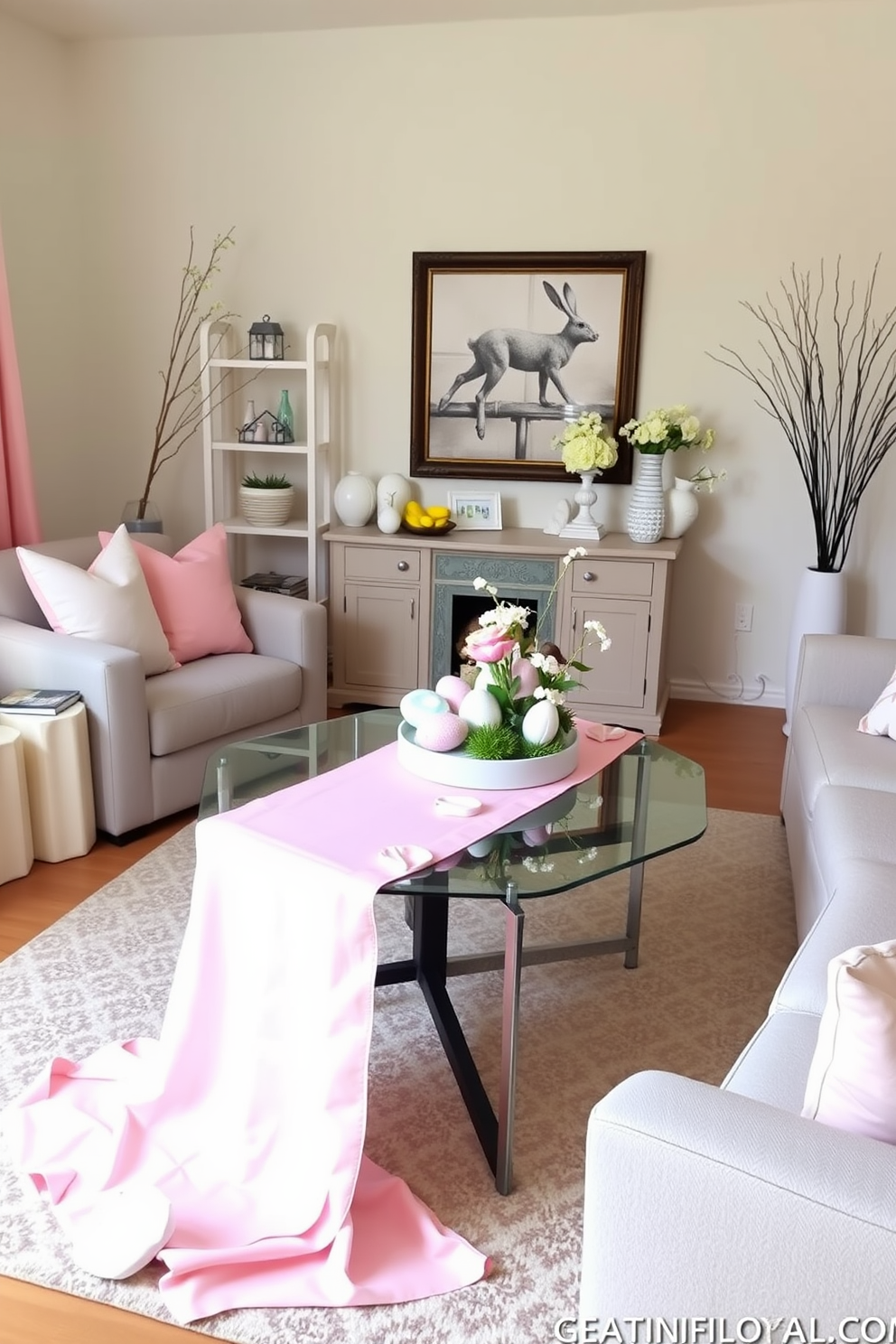 A cozy small living room adorned with a pastel colored table runner draping elegantly over a modern coffee table. The space features soft cushions in coordinating pastel shades and a tasteful arrangement of Easter-themed decorations, including decorative eggs and spring flowers.