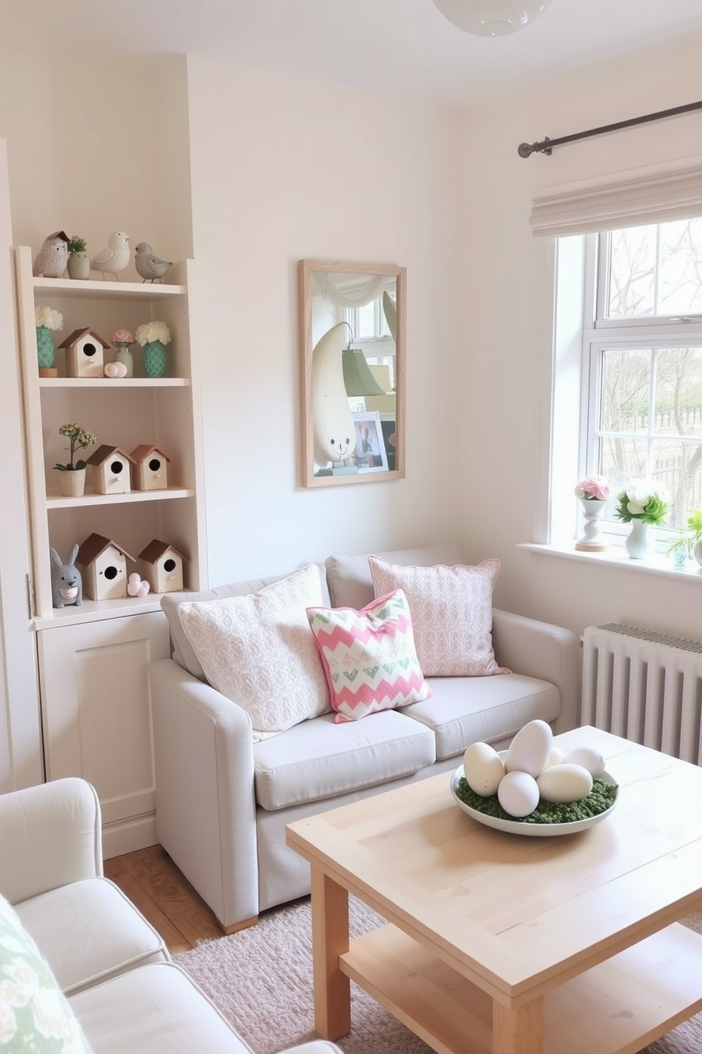 A cozy small living room adorned with Easter-themed decorations. A stack of colorful Easter books is arranged on a rustic wooden coffee table, surrounded by pastel-colored eggs and a small bunny figurine.