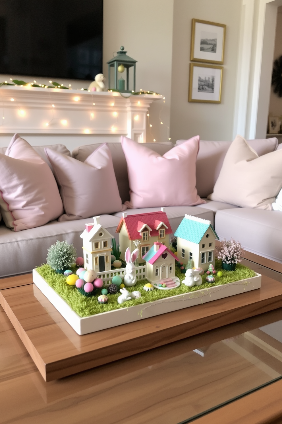 A cozy small living room adorned for Easter features decorative trays filled with seasonal treats such as colorful eggs, chocolate bunnies, and pastel candies. Soft pastel throw pillows and a light, airy tablecloth complement the decor, while a cheerful centerpiece of fresh spring flowers adds a vibrant touch.