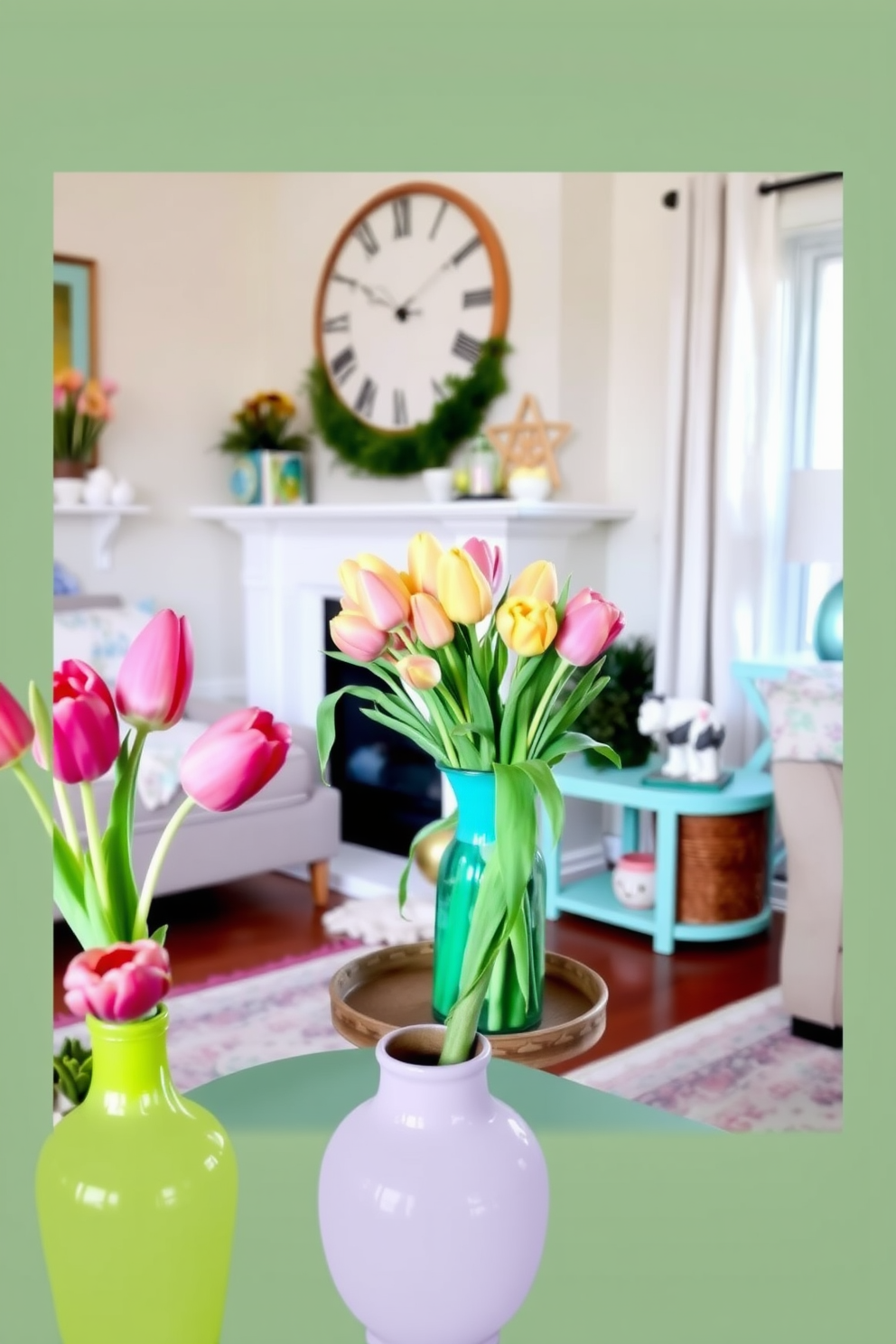 A small living room decorated for Easter features vibrant colored vases filled with fresh tulips in various shades. The arrangement brings a cheerful ambiance to the space, complemented by pastel accents and seasonal decor throughout the room.