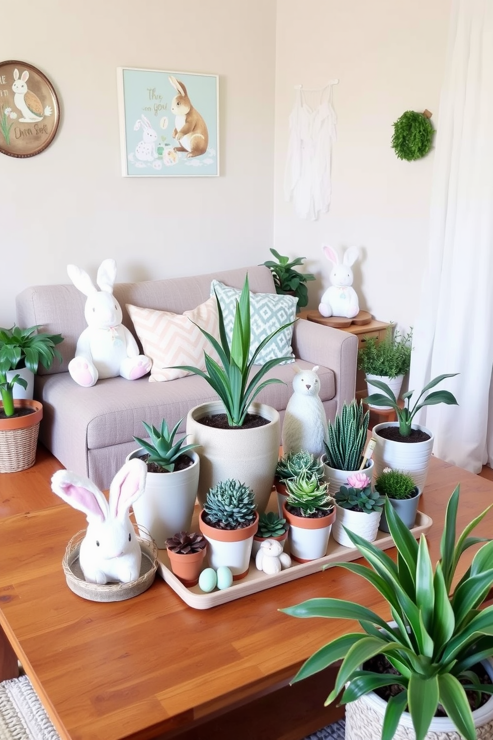 A cozy small living room decorated for Easter features a variety of potted plants arranged on a wooden coffee table. Bunny decorations, including plush figures and whimsical wall art, add a playful touch to the space, enhancing the festive atmosphere.