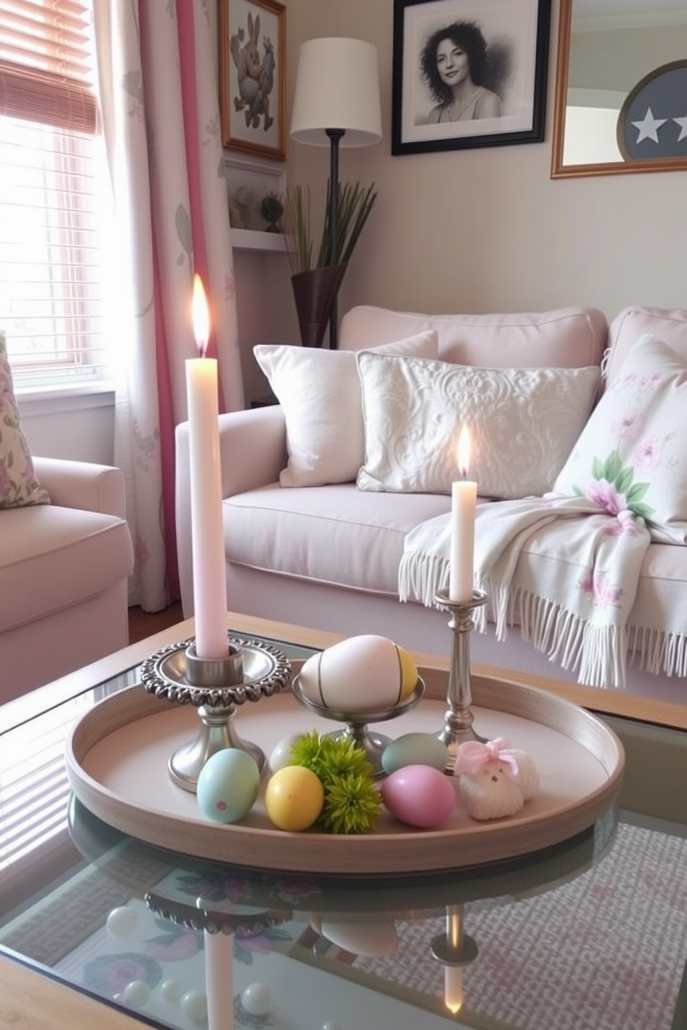 Easter themed candles are placed in decorative holders on a coffee table. The small living room is adorned with pastel colored cushions and a floral throw blanket, creating a cozy and festive atmosphere.