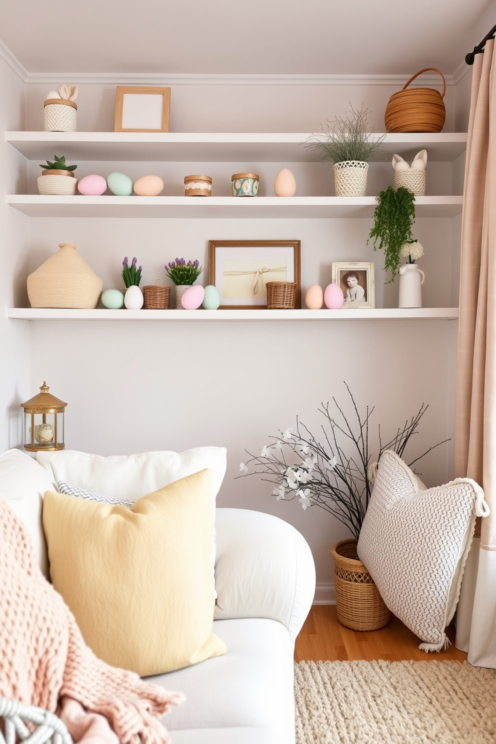 A charming small living room features shelves adorned with delightful egg-shaped decor in pastel colors. The space is enhanced with soft lighting and cozy textiles, creating a warm and inviting atmosphere for Easter celebrations.