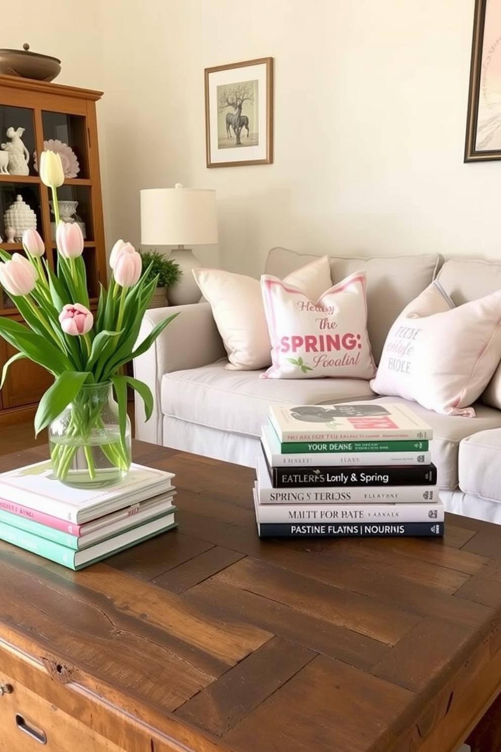 A cozy small living room adorned with spring themed table books stacked on a rustic wooden coffee table. Soft pastel cushions are arranged on a light gray sofa, and a vase of fresh tulips adds a pop of color to the space.