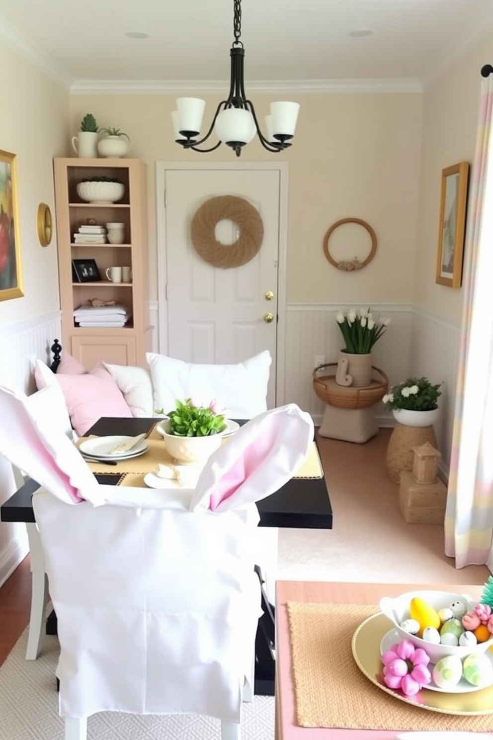 A charming small living room decorated for Easter features dining chairs adorned with playful bunny ear covers. The space is filled with pastel-colored accents, including decorative pillows and a cheerful table setting that invites warmth and joy.