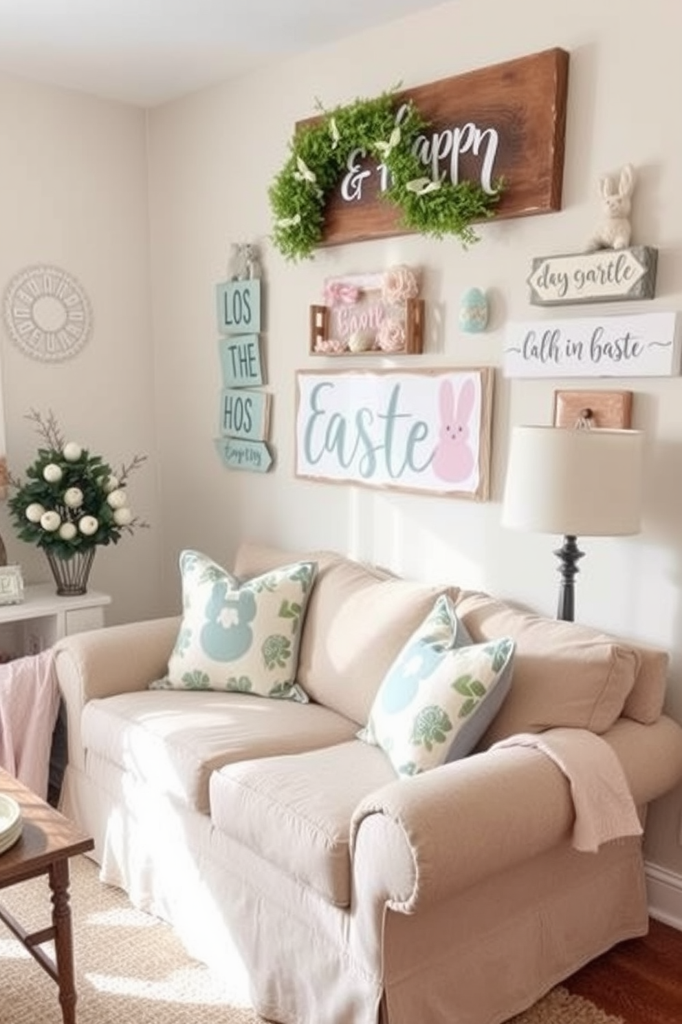 A cozy small living room adorned with fresh flowers in pastel vases placed strategically around the room. The decor features soft pastel colors, with a comfortable sofa and a stylish coffee table at the center, creating an inviting atmosphere for Easter celebrations.