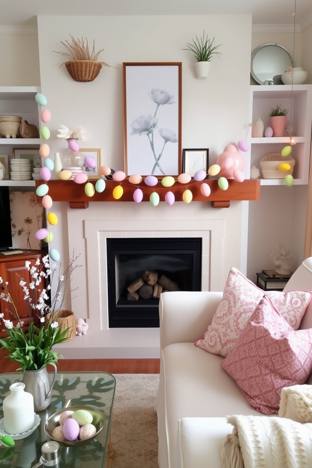 A small living room decorated for Easter features a colorful egg garland draped elegantly from the shelves. The vibrant pastel colors of the eggs add a cheerful touch to the cozy space, complementing the soft furnishings and seasonal decor.