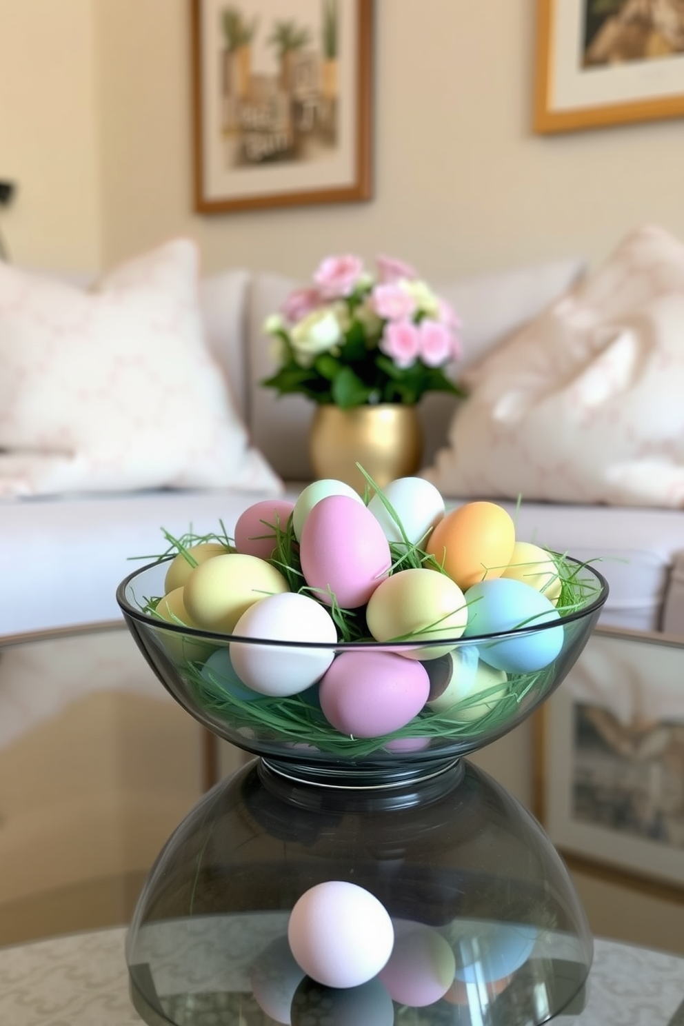 A beautifully arranged bowl filled with decorative Easter eggs in various pastel colors sits on a coffee table. The small living room is adorned with soft throw pillows and a light floral arrangement, creating a warm and inviting atmosphere for the holiday.