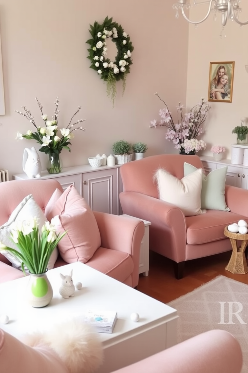 A cozy small living room adorned with pastel colored cushions on plush armchairs. The space is enhanced with subtle Easter decorations, featuring delicate floral arrangements and pastel-themed accents throughout.