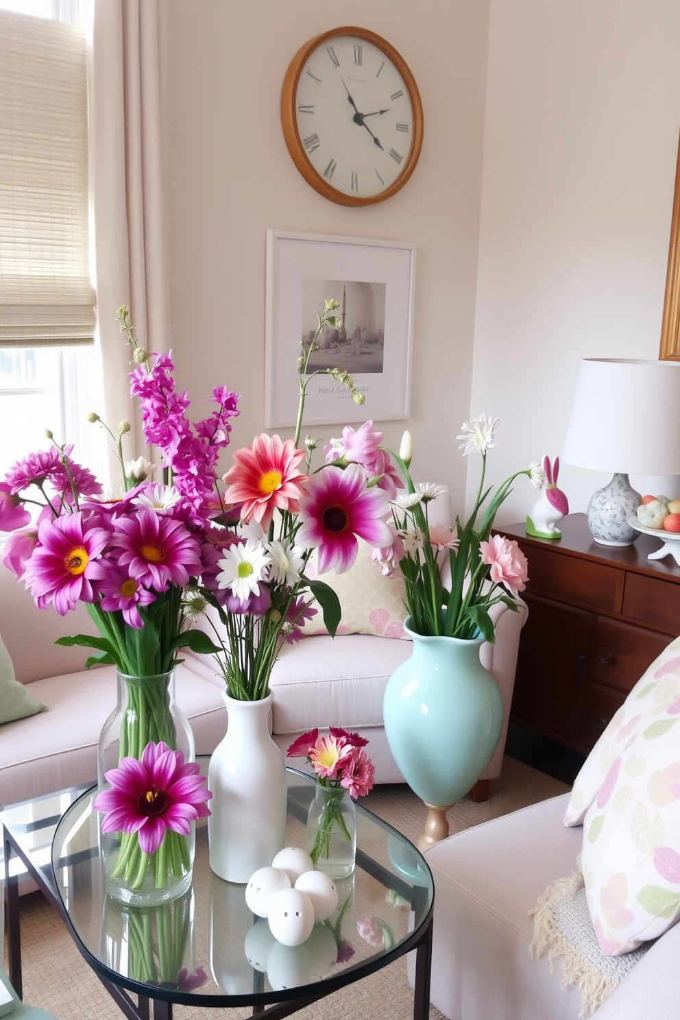 A cozy small living room decorated for Easter features a charming arrangement of tulips and daisies in a pastel-colored vase on a wooden coffee table. The walls are adorned with subtle spring-themed artwork, and soft cushions in light hues are scattered across a plush sofa.