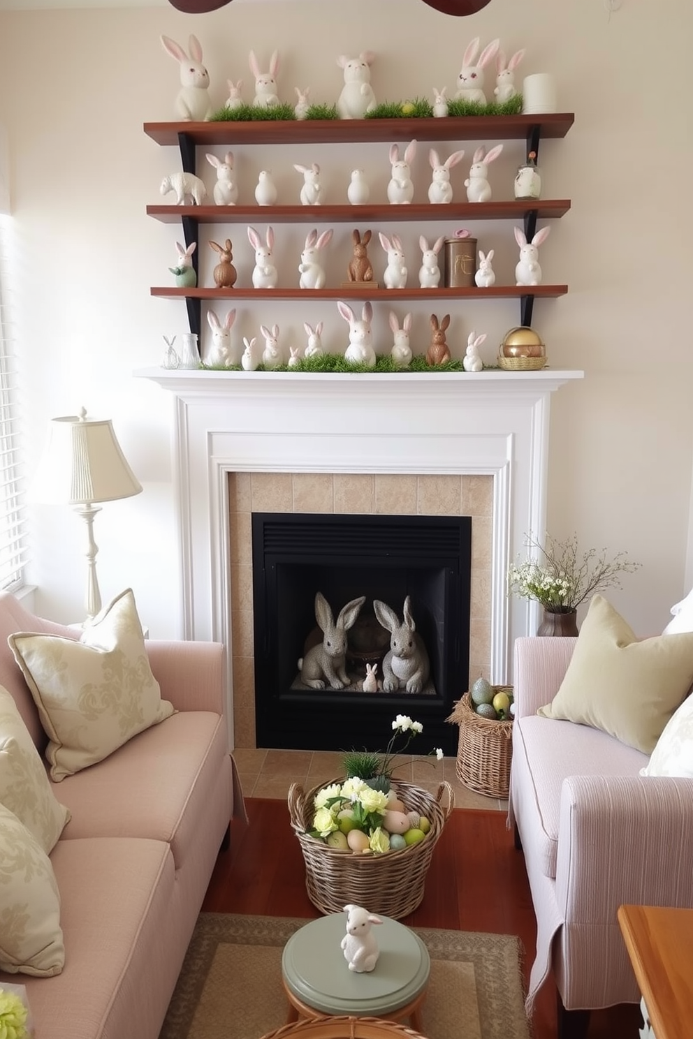 A charming small living room decorated for Easter features shelves and mantels adorned with delightful bunny figurines in various sizes and styles. The soft pastel colors of the decor complement the cozy seating area, creating a warm and inviting atmosphere perfect for the holiday.