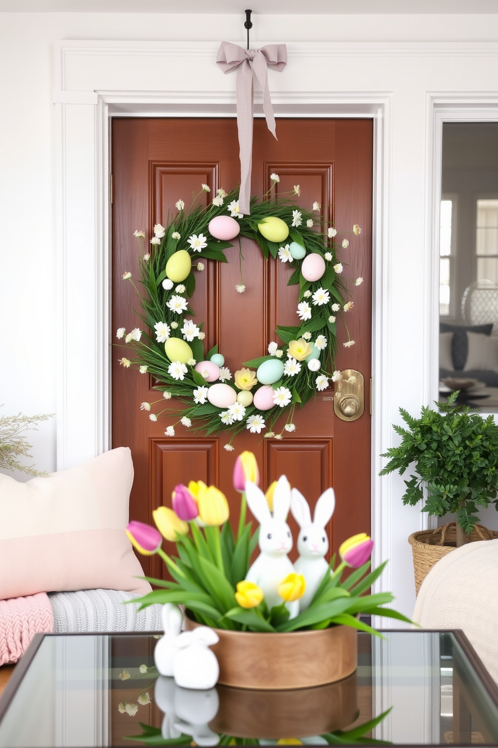 A beautifully crafted Easter wreath adorned with pastel-colored eggs and delicate flowers hangs on the front door, welcoming guests with a festive touch. The small living room features soft cushions and throws in spring hues, complemented by a charming coffee table centerpiece of fresh tulips and decorative bunnies.