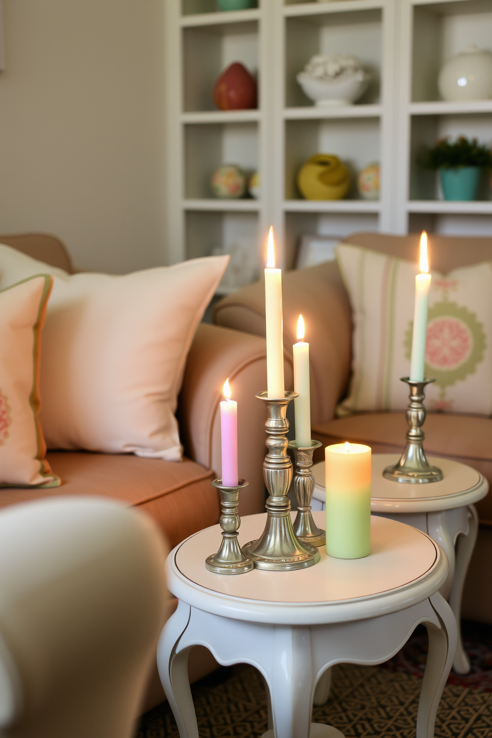 A cozy small living room decorated for Easter features colorful pastel candles placed on charming side tables. The soft glow of the candles enhances the inviting atmosphere, complemented by decorative cushions in light spring hues.